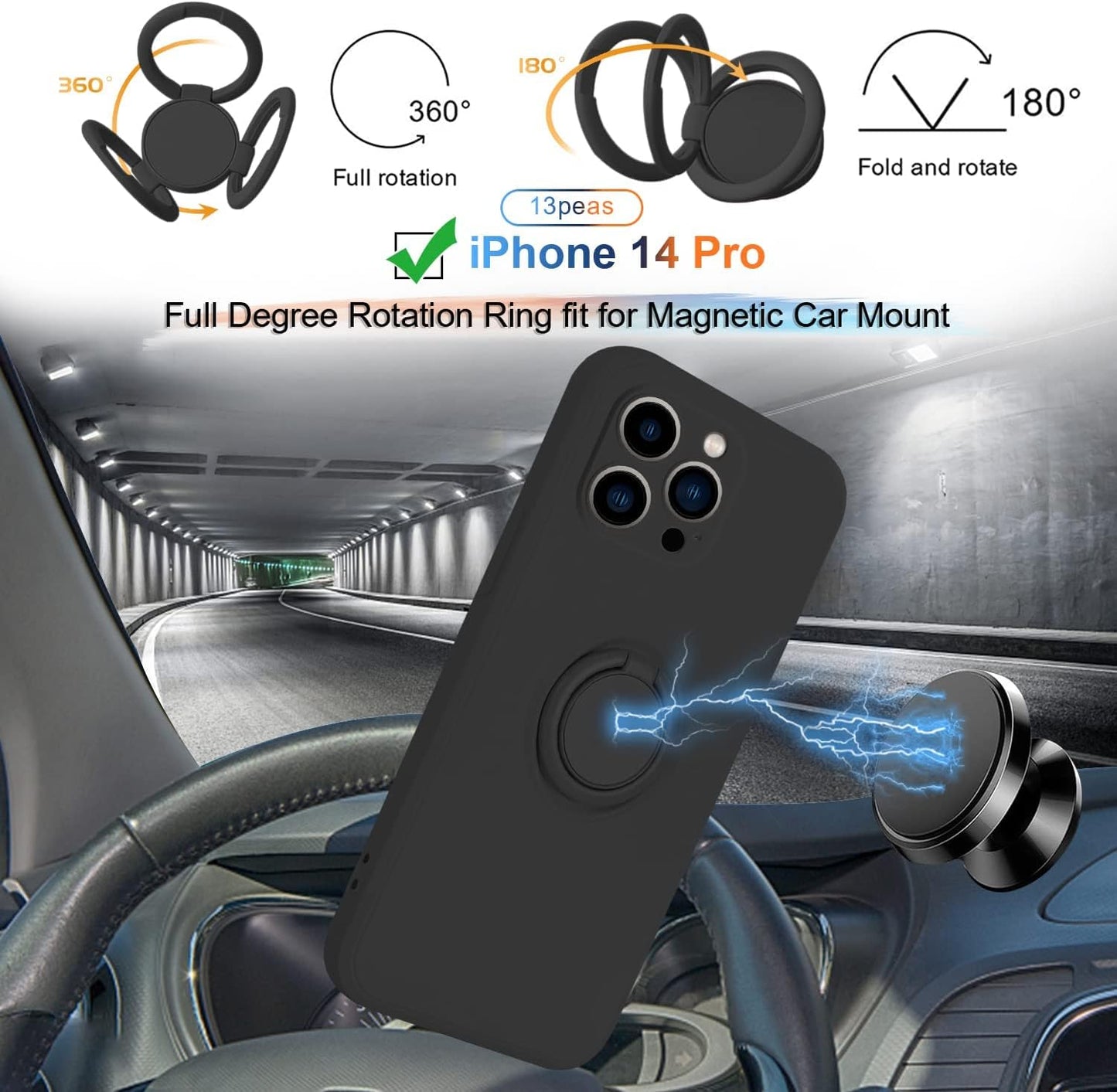 13Peas Case for Iphone 14 Pro（2022 Released）, Silicone Case with Ring 360°Rotatable Kickstand Cover Support Magnetic Car Mount，Protective Cover with Strap Lanyard (Black)  13peas   