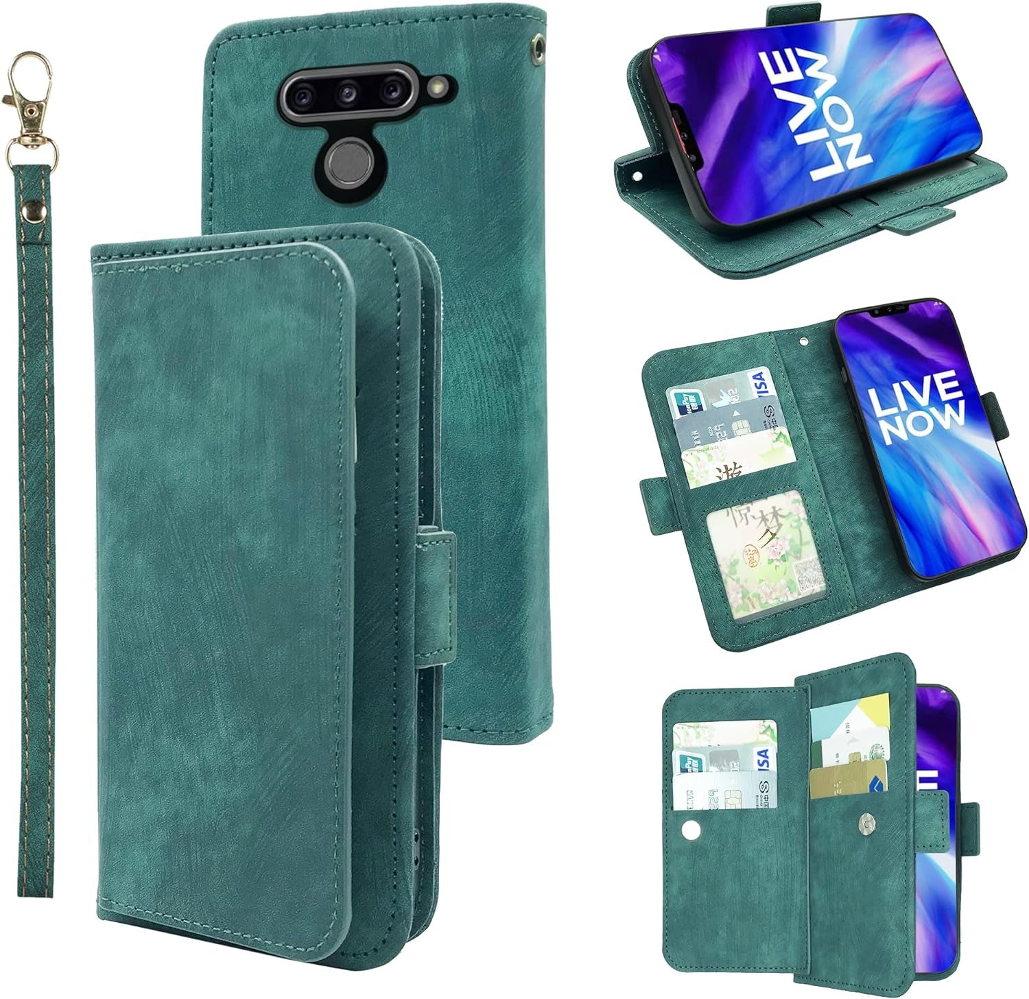 Furiet Compatible with LG V40 Thinq Wallet Case Wrist Strap Lanyard Leather Flip Card Holder Stand Cell Accessories Phone Cover for LGV40 Storm V 40 Thin Q V40Thinq LG40 40V 40Thinq Women Green  Furiet   