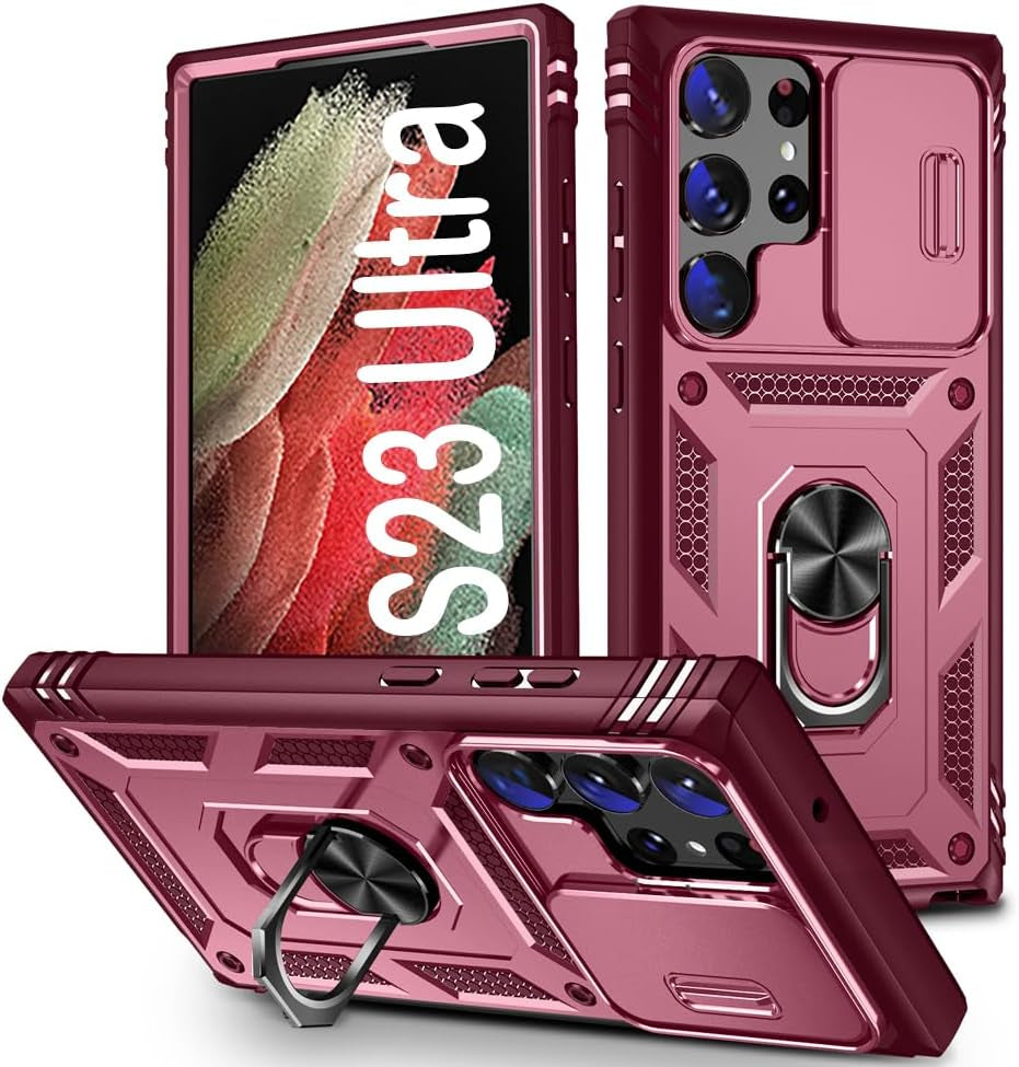 PASNEW for Samsung Galaxy S21 Ultra Case,Finger Ring Kickstand & Camera Cover Slide & Charge Port Dust Plug,Military Heavy Duty Full Body Shockproof Protective Hard Shell S21Ultra,6.8 Inch,Pink  PASNEW Pink Samsung Galaxy S23 Ultra【6.8"】 