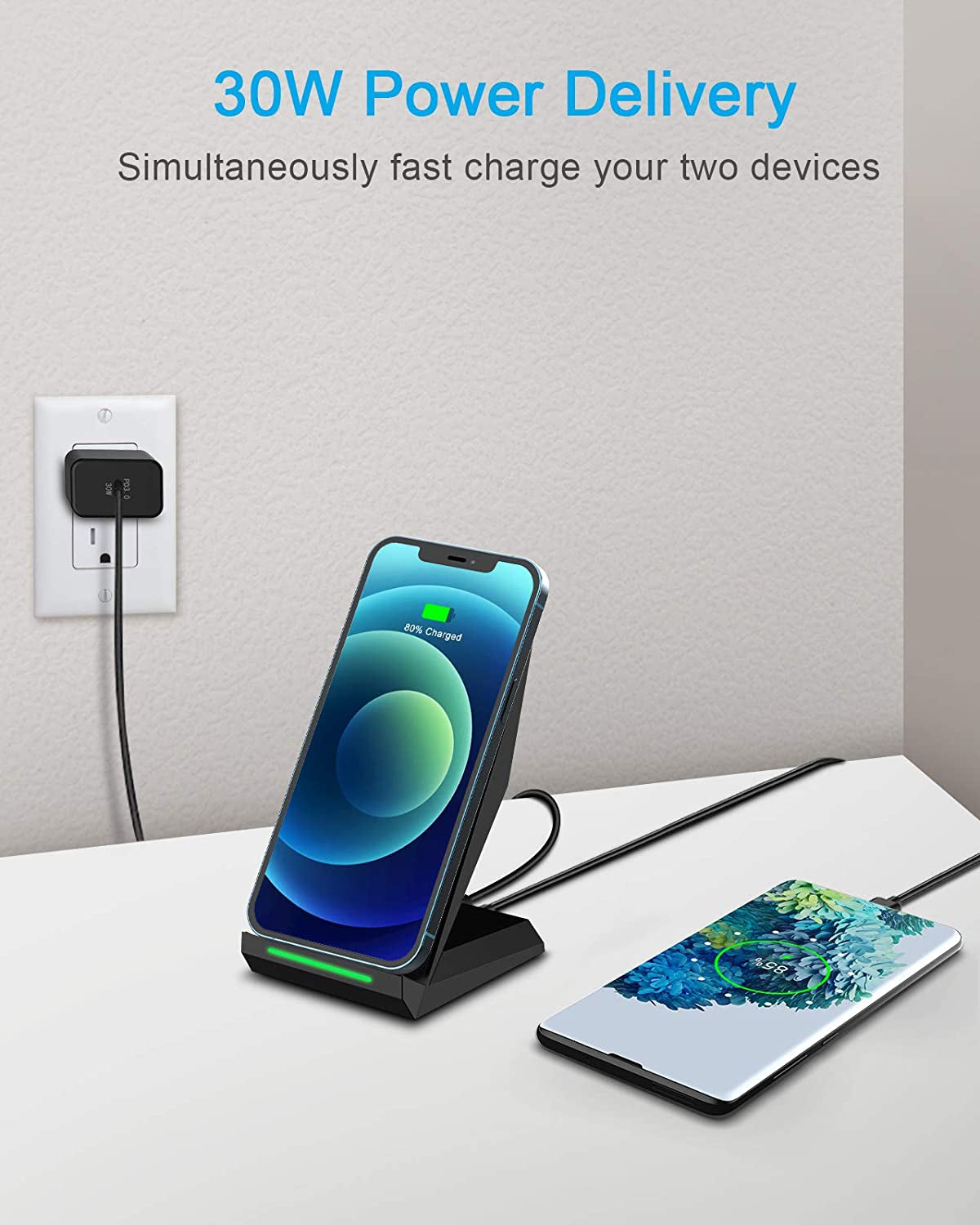 NANAMI 30W Max Wireless Charger, Qi Certified Fast Charging Stand with USB-A Port,Compatible Iphone 14/13/12/11 Pro/Xs Max/Xr, Galaxy S23/S22/S21/S20/S10/S9,Note 20/10/9(With PD Adapter Phone Charger)  NANAMI   
