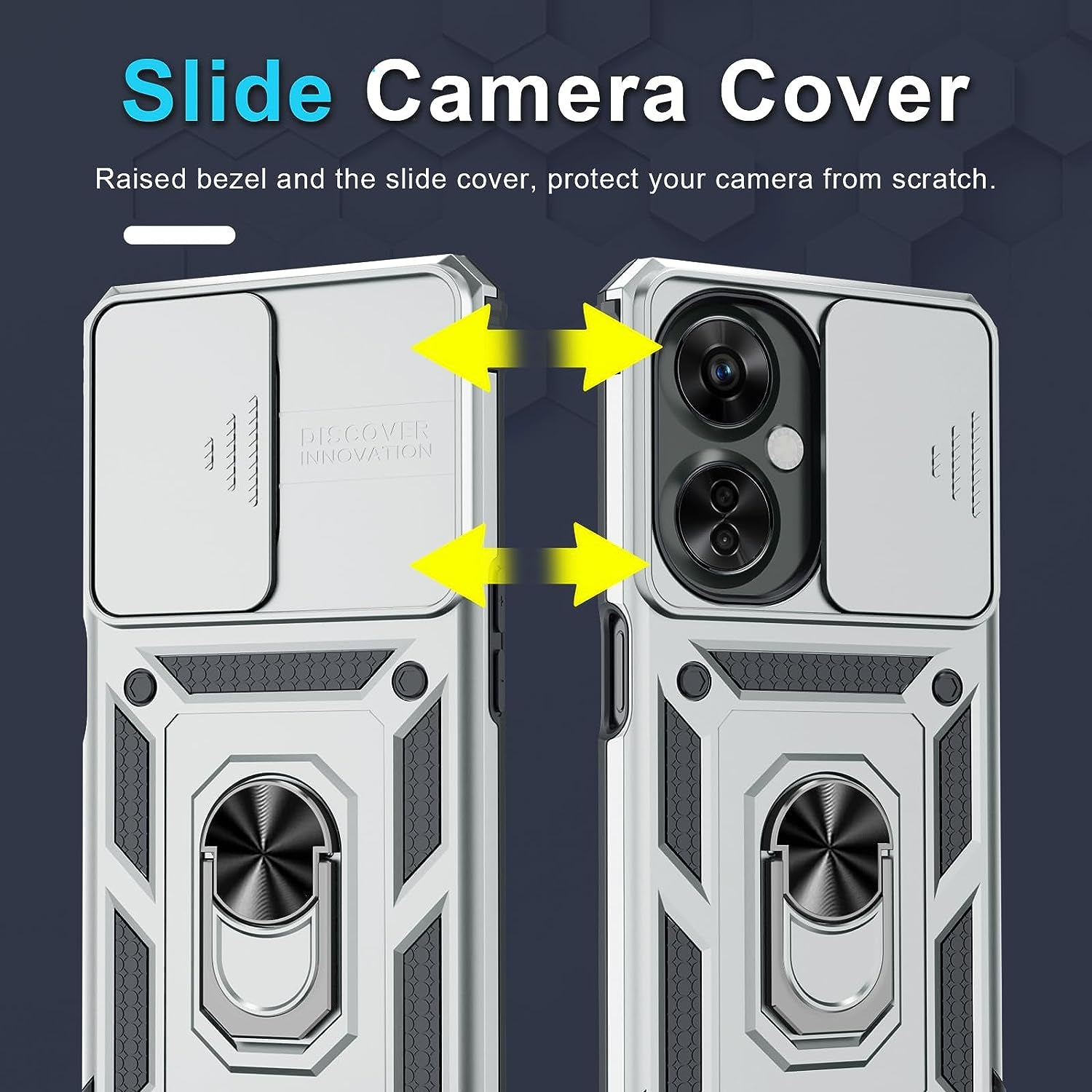 Janmitta Oneplus Nord N30 5G Case Built in Slide Camera Lens Cover+Screen Protector+Finger Ring Holder Kickstand,Heavy Duty Shockproof Full Body Protective Phone Cover,2023 Silver  Janmitta   