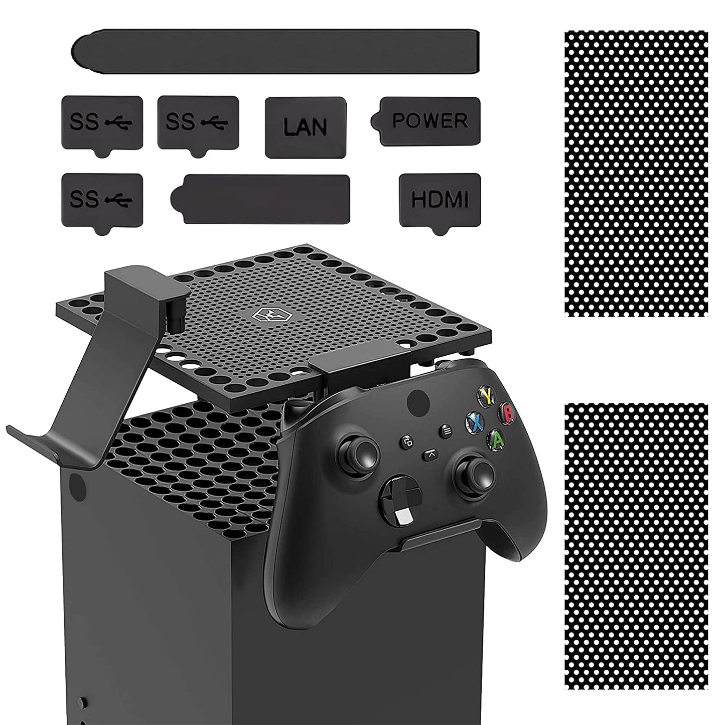 Dust Cover Set for Xbox Series X Console, Dust Filter Covers with 2 Controller Holder Hanger Stand and 8 Dust Plugs Compatible with Xbox Series X  CHIN FAI   