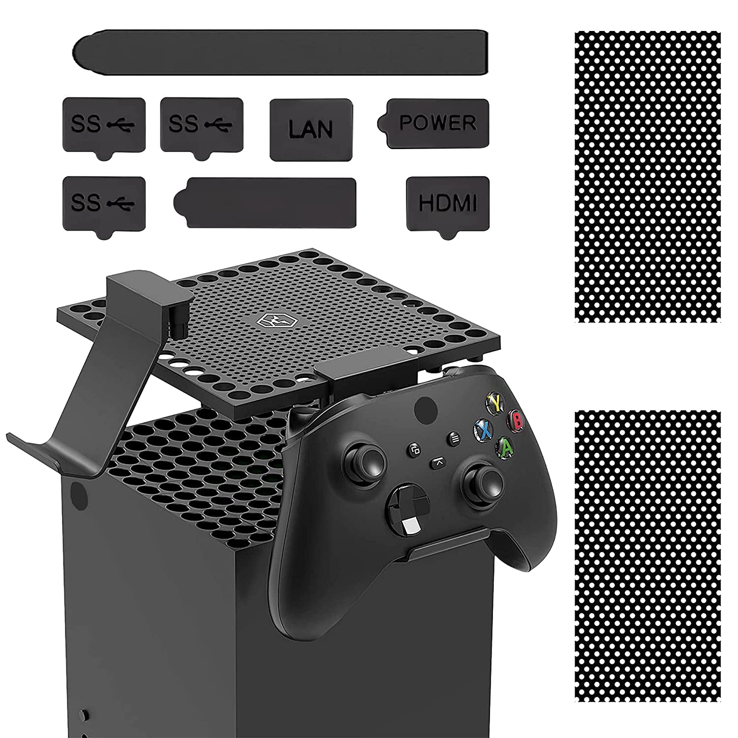 Dust Cover Set for Xbox Series X Console, Dust Filter Covers with 2 Controller Holder Hanger Stand and 8 Dust Plugs Compatible with Xbox Series X  CHIN FAI   