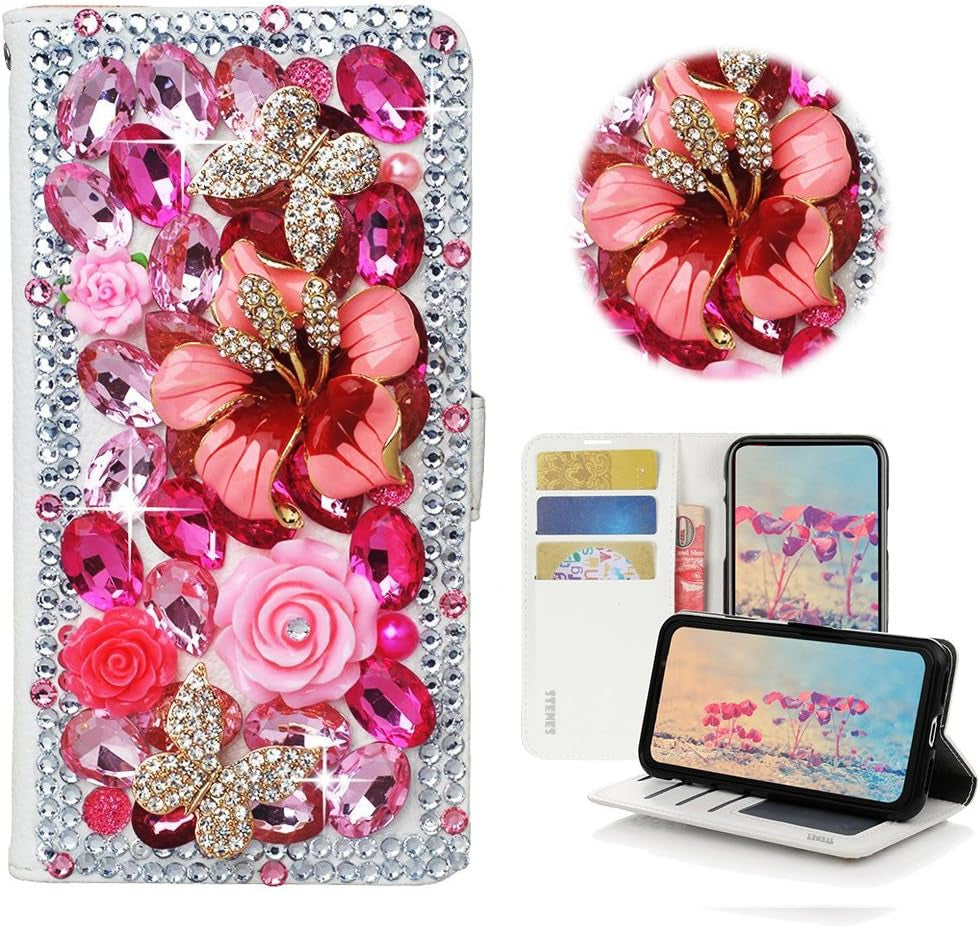 STENES LG G6 Case, LG G6 plus Case - STYLISH - 3D Handmade Crystal Heart Pendant Butterfly Flowers Wallet Credit Card Slots Fold Stand Leather Cover Case for LG G6/LG G6 plus - Pink  STENES Rose Flowers Floral Butterfly / Hot Pink  
