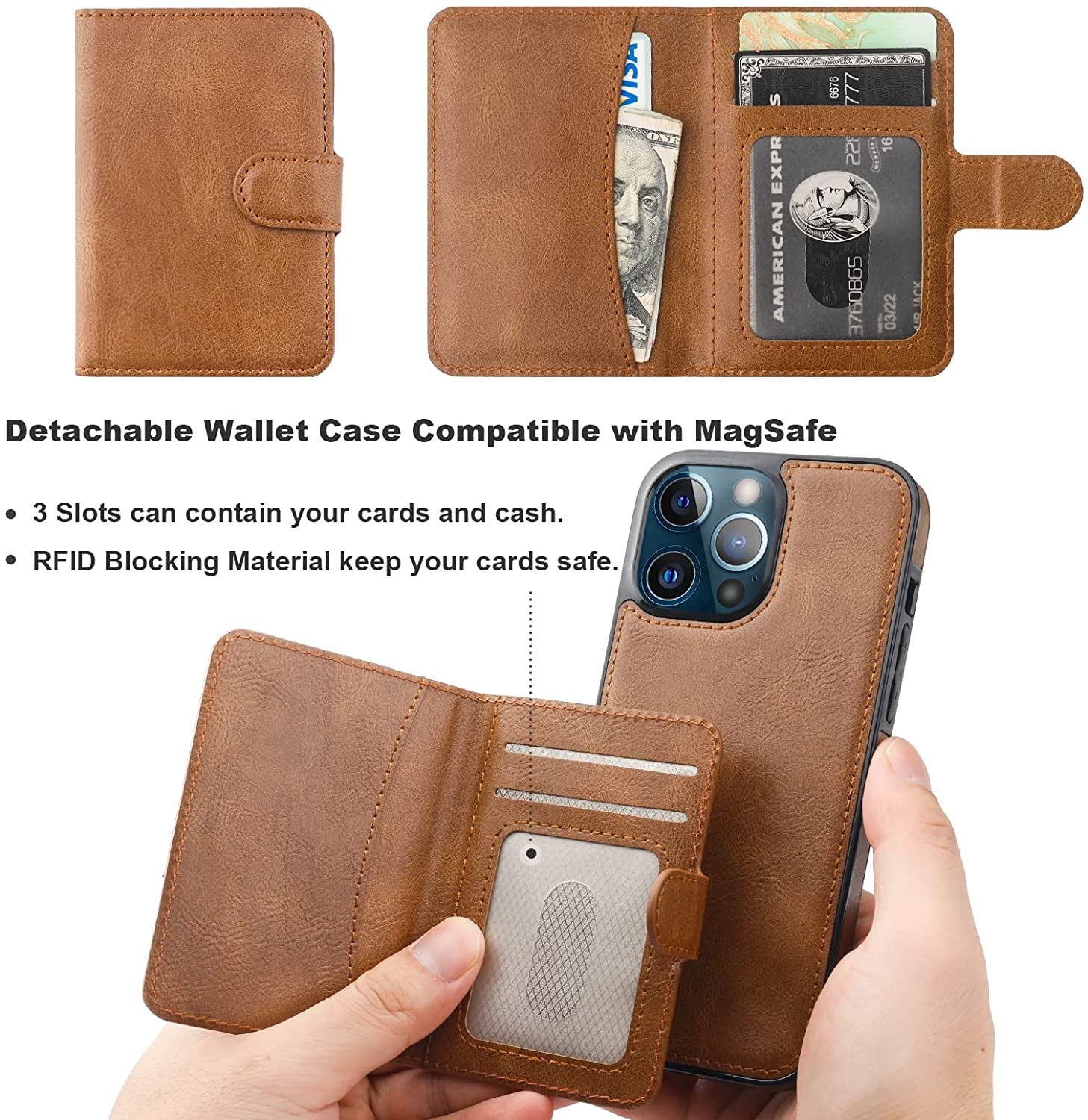 Bocasal Wallet Case for Iphone 13 Pro Max Compatible with Magsafe Magnetic RFID Blocking Detachable Premium PU Leather Flip Case with Card Slots Holder Kickstand Wireless Charging 6.7 Inch (Brown)  Bocasal   