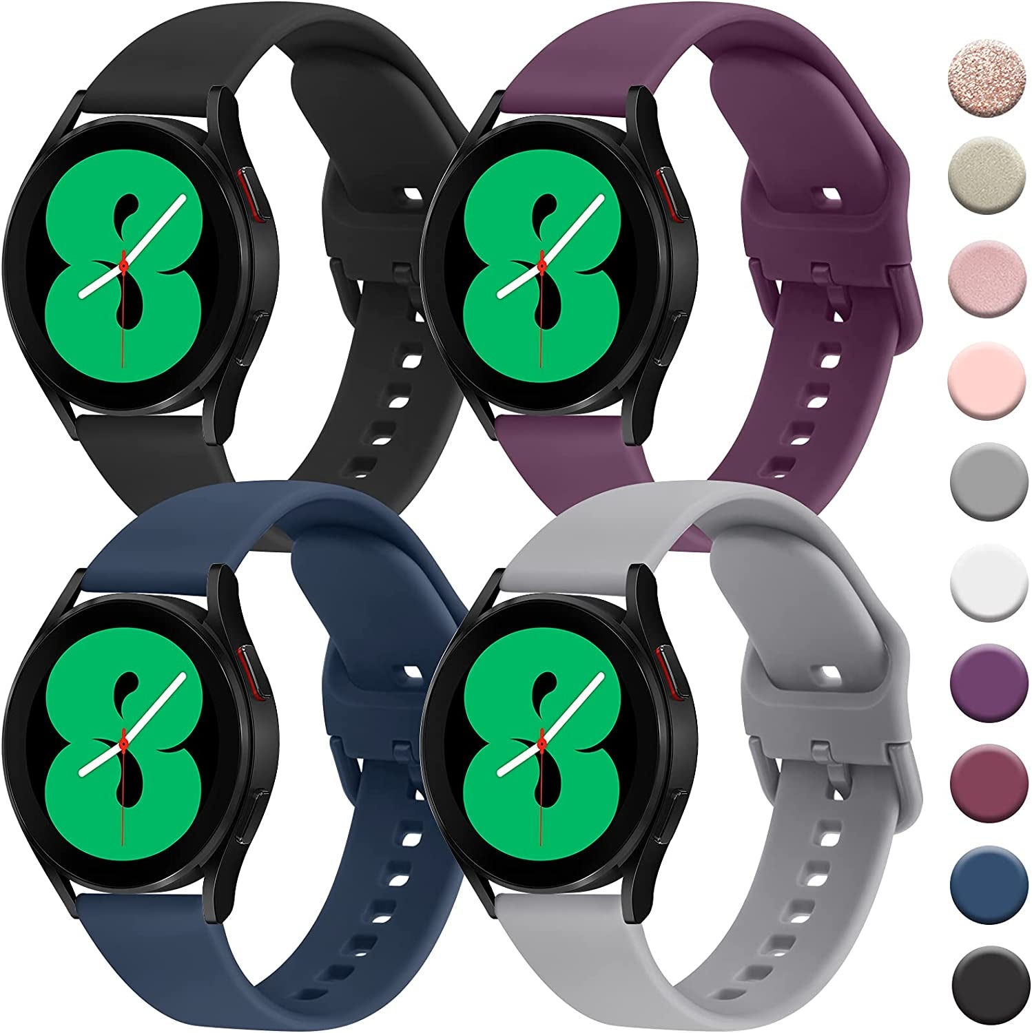 4 PACK Bands Compatible with Samsung Galaxy Watch 4 Band 40Mm 44Mm, Galaxy Watch 4 Classic Band 42Mm 46Mm, Galaxy Watch 5 Bands, Galaxy Watch 5 Pro, 20Mm Adjustable Silicone Sport Strap Replacement Band for Galaxy Watch 4 / 5 Women Men  Wanme Purple+Black+NavyBlue+Gray  