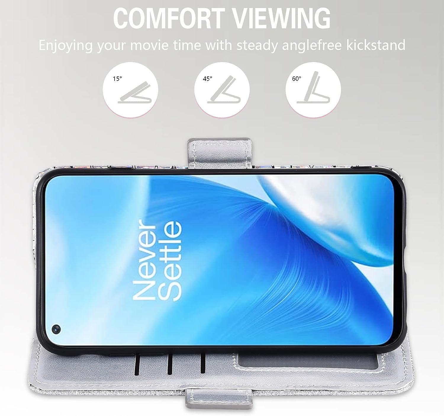 Asuwish Phone Case for Oneplus Nord N200 5G Wallet Cover with Screen Protector and Flip Card Holder Bling Glitter Stand Cell One plus N 200 G5 1 plus 200N 1Plus One+ 1+ N2005G 2021 Women Girls Silver  Asuwish   