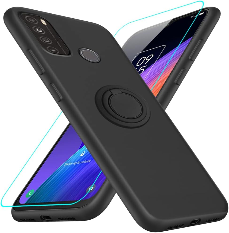 For Motorola Moto G 5G 2023 Phone Case with Glass Screen Protector, 360° Rotatable Ring Holder Magnetic Kickstand/Stand Silicone TPU Shockproof Protective Cover Case for Motorola Moto G 5G - Black  Nijiadi Tcl 30Xl Blac  