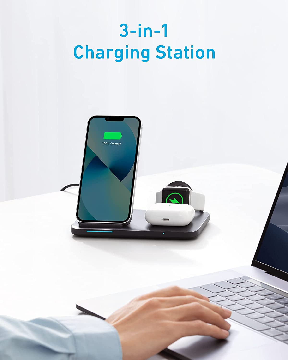 Anker Foldable 3-In-1 Wireless Charging Station with Adapter, 335 Wireless Charger, for Iphone 14/14 Pro/14 Pro Max/14 Plus, Airpods Pro, Apple Watch Series 7 / SE (Watch Charging Cable Not Included)  Anker   