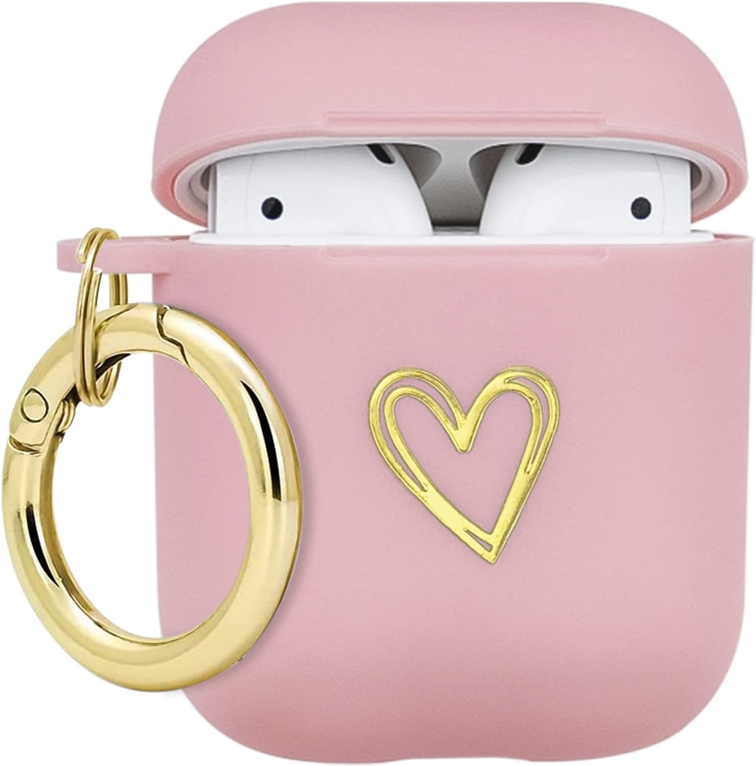 Wonjury Airpods Case Soft TPU Gold Heart Pattern Cute with Keychain Shockproof Cover Case for Girls Woman Apple Airpods 2 &1 - Black+Pink  Wonjury Pink  