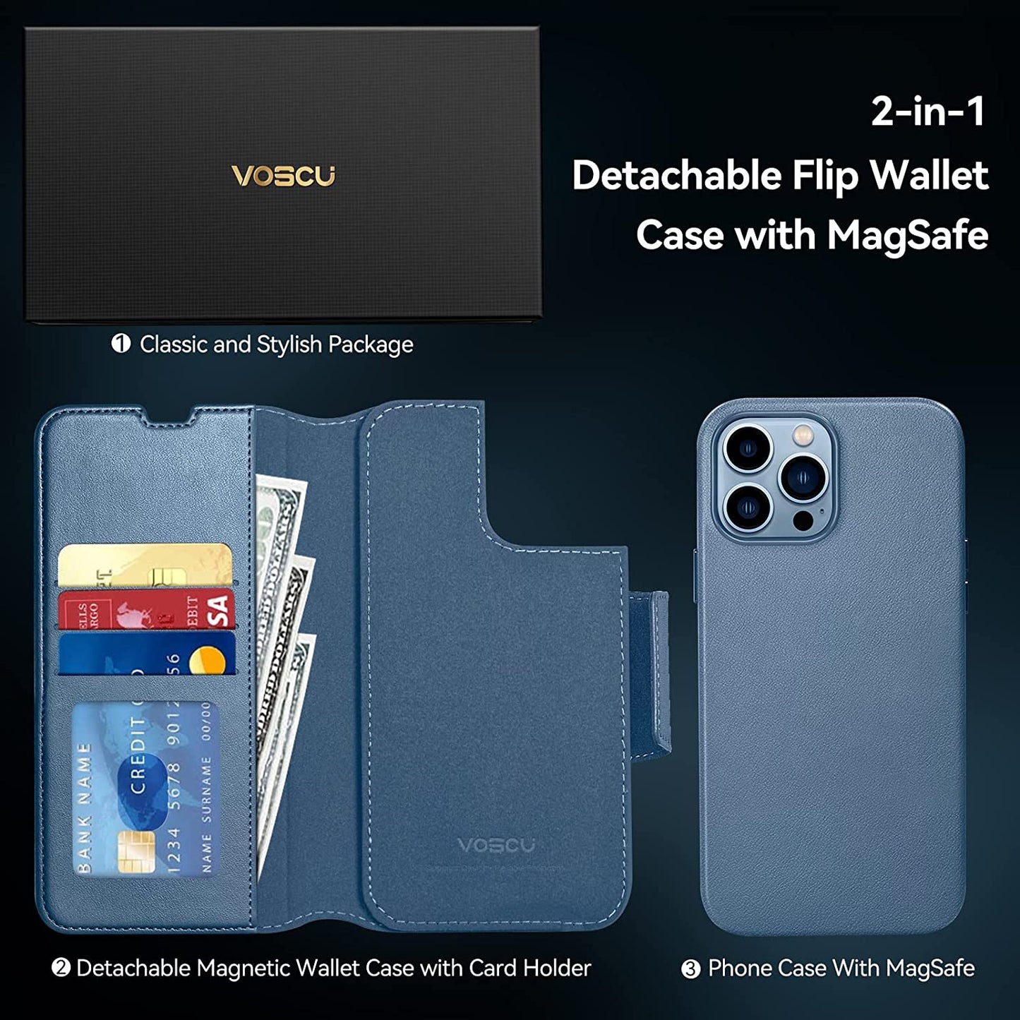 Voscu Detachable Wallet Case for Iphone 13 Pro Max 6.7'' Compatible with Magsafe, Support Wireless Charger, Vegan Leather Flip Folio Magnetic Phone Case with Card Holders [RFID Blocking]-Sierra Blue  voscu   