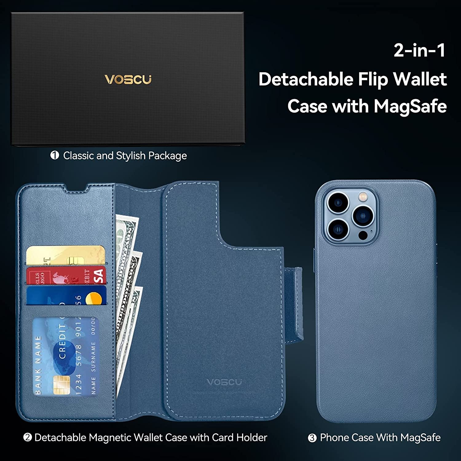 Voscu Detachable Wallet Case for Iphone 13 Pro Max 6.7'' Compatible with Magsafe, Support Wireless Charger, Vegan Leather Flip Folio Magnetic Phone Case with Card Holders [RFID Blocking]-Sierra Blue  voscu   