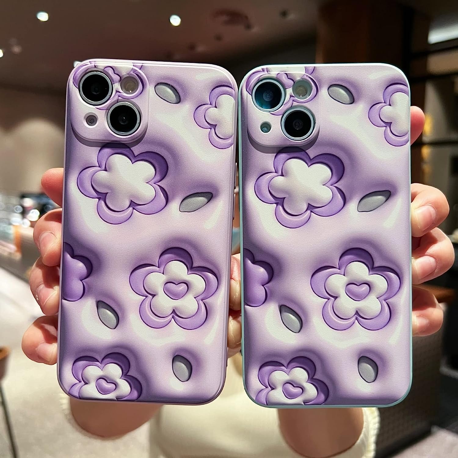GUSDBSW Cute Iphone 14 plus Case for Women Girls, Lovely Floral Strawberry Pattern Wave Comfortable Grip Design for Girly, Slim Thin Soft Flexible TPU Clear Protective Phone Case - Blueberry Flower  GUSDBSW 3D Purple Flower Iphone 12 