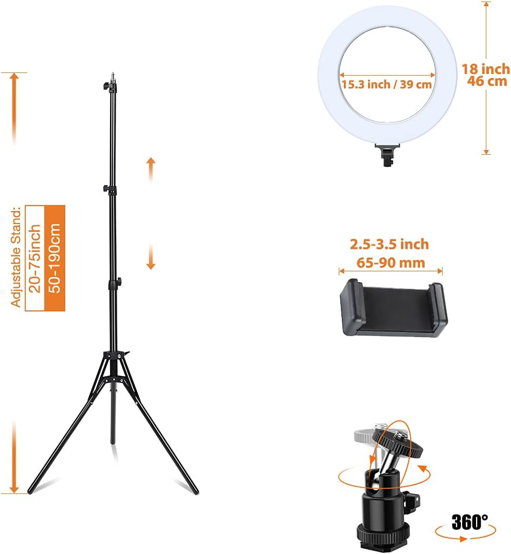 Inkeltech Ring Light - 18 Inch 60 W Dimmable LED Ring Light Kit with Stand - Adjustable 3000-6000 K Color Temperature Lighting for Vlog, Makeup, Youtube, Camera, Photo, Video - Control with Remote  INKELTECH   