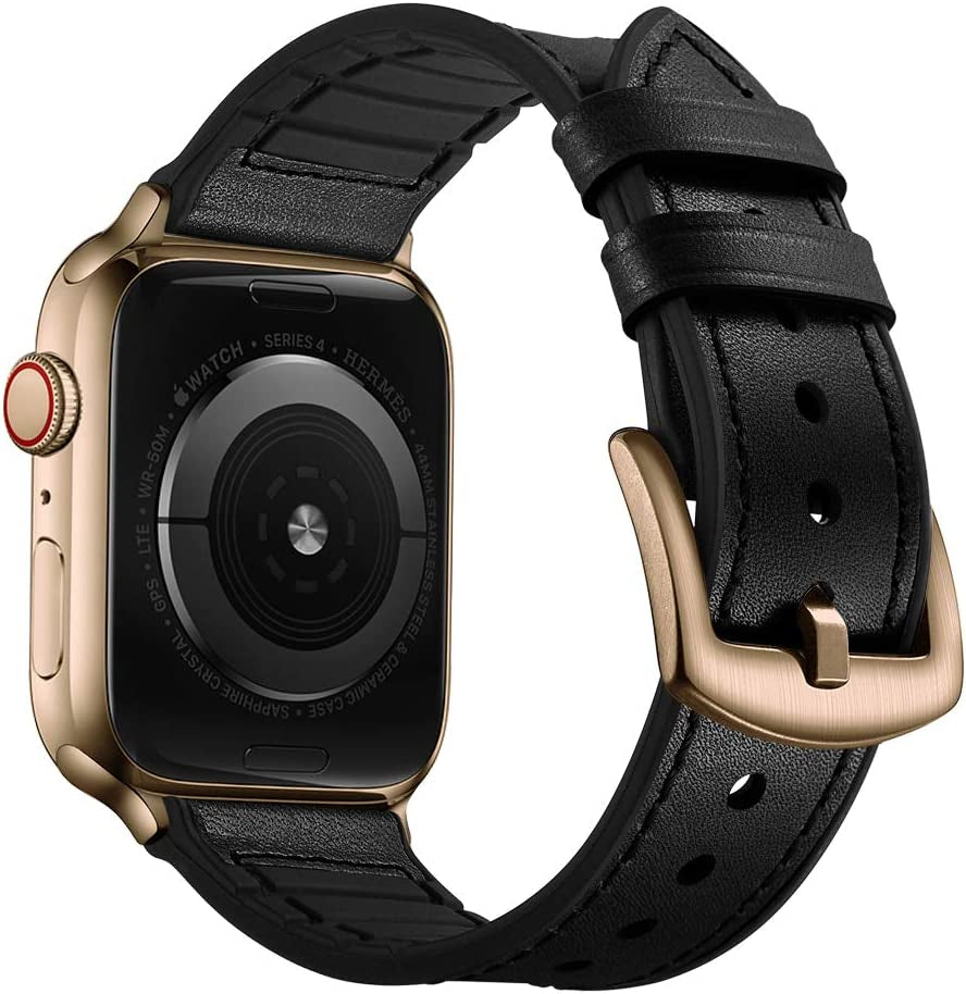 OUHENG Compatible with Apple Watch Band 49Mm 45Mm 44Mm 42Mm, Sweatproof Genuine Leather and Rubber Hybrid Band Strap for Iwatch Ultra Series 8 7 6 5 4 3 2 1 SE2 SE, Brown Band with Black Adapter  OUHENG Black/Bronze Gold 41mm/40mm/38mm 