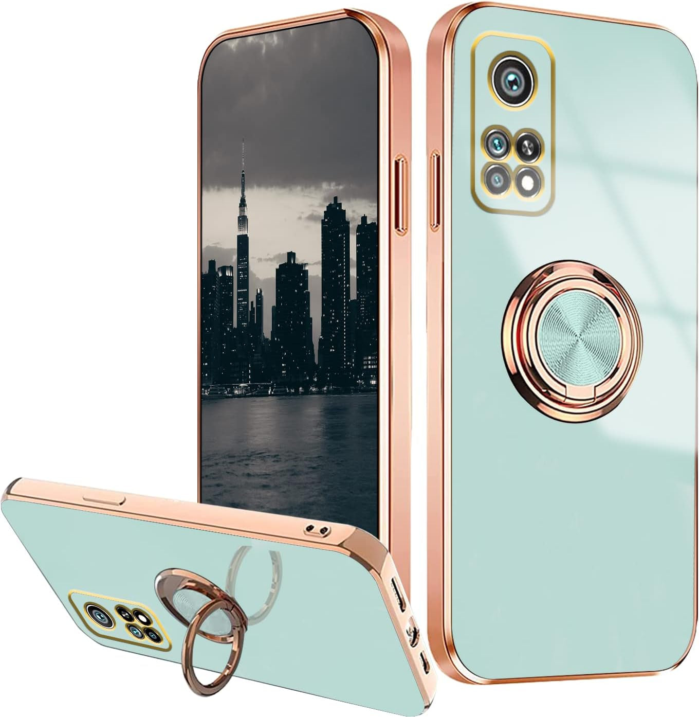 Wousunly Compatible with Xiaomi Mi 10T Case Ring Holder Magnet Green, Xiaomi Mi 10T Phone Case Xiaomi Mi 10T Pro Case Silicone Shockproof Plate Luxury Slim Cover (Xiaomi Mi 10T, Pink)  Wousunly Green Xiaomi Mi 10T 