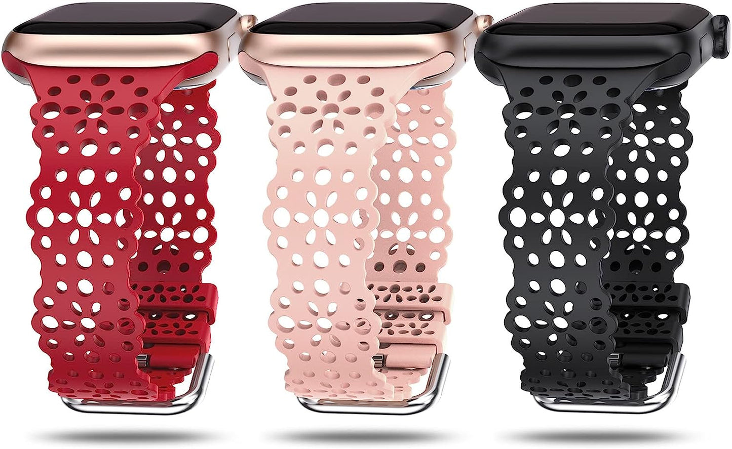 TOYOUTHS Compatible with Apple Watch Band Women 41Mm 40Mm 38Mm Soft Stretchy Silicone Lace Flower Cut-Outs Scalloped Breathable Waterproof Lacy Band for Iwatch Series 8 7 6 5 4 3 2 1 SE  TOYOUTHS Black/Pink Sand/Wine 41/40/38mm 