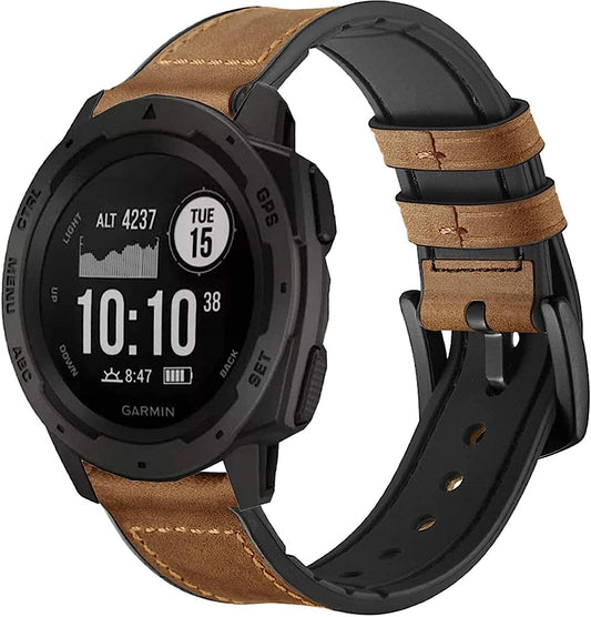 GARTOO Leather Watch Band for Garmin Instinct/Instinct 2 Solar, Soft Genuine Leather with Silicone Sweatproof Wrist Strap for Garmin Instinct Tactical/Tide/Esports/Instinct Solar-Max Wrist 8.1"  GARTOO   