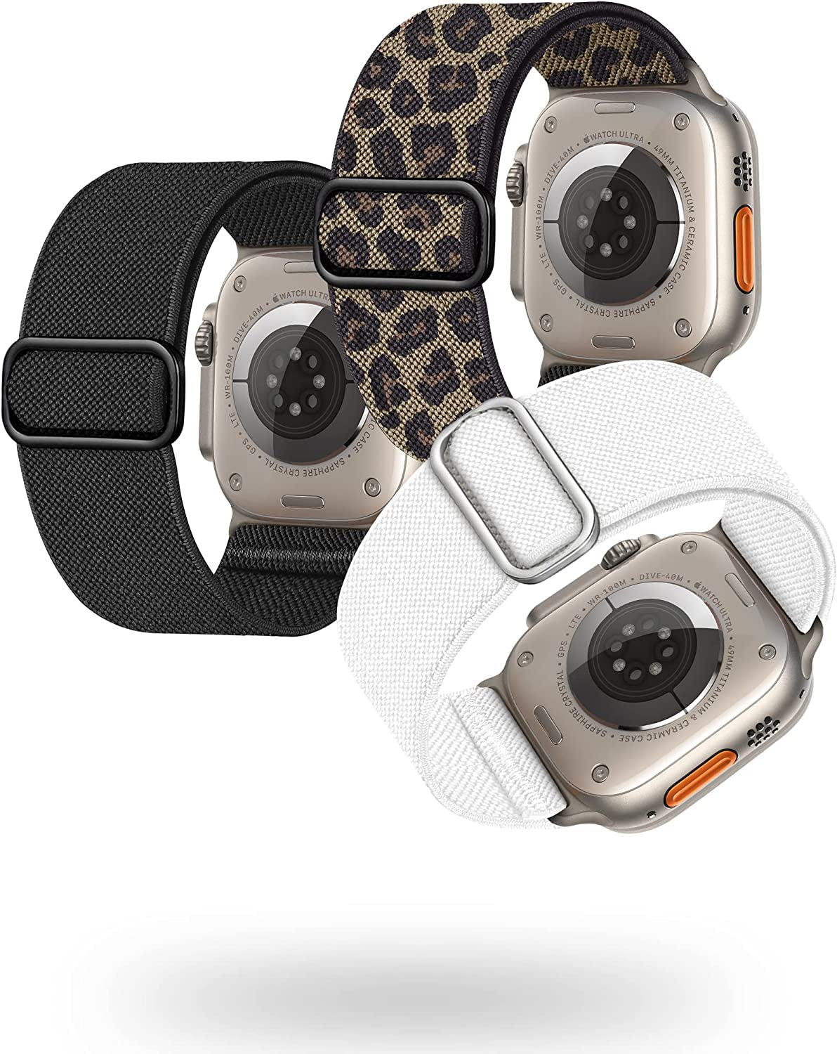 GZ GZHISY 3 Pack Wider Nylon Band Compatible with Apple Watch Ultra 49Mm, Series 8/7 45Mm, Series SE/6/5/4 44Mm and Series 3/2/1 42Mm, Men Women Sport Iwatch Band Stretchy Braided Elastics Solo Loop Strap  GZ GZHISY Black/Leopard Cheetah/White Ultra 49mm/45mm/44mm/42mm 