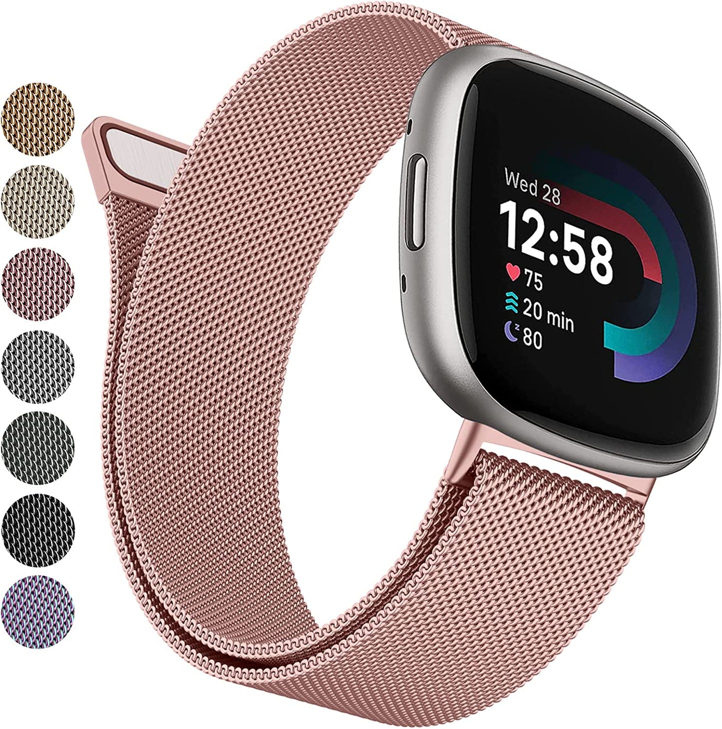 YILED Metal Bands Compatible with Fitbit Versa 3/Versa 4/Fitbit Sense/Sense 2 for Women Men, Stainless Steel Mesh Breathable Wristband Strap with Adjustable Magnet Lock  YILED Rose Pink Small 