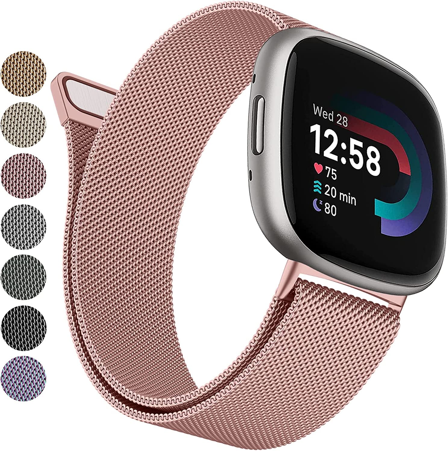 YILED Metal Bands Compatible with Fitbit Versa 3/Versa 4/Fitbit Sense/Sense 2 for Women Men, Stainless Steel Mesh Breathable Wristband Strap with Adjustable Magnet Lock  YILED Rose Pink Small 