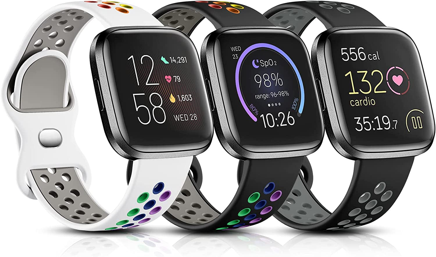 Witzon Sport Bands Compatible with Fitbit Versa 2 / Versa / Versa Lite for Women Men, Breathable Silicone Replacement Wristbands for Versa 2 Smartwatch, Small, Black-Gray/Black-Red/Black-Blue  Witzon Black Gray/White Rainbow/Black Rainbow Small 