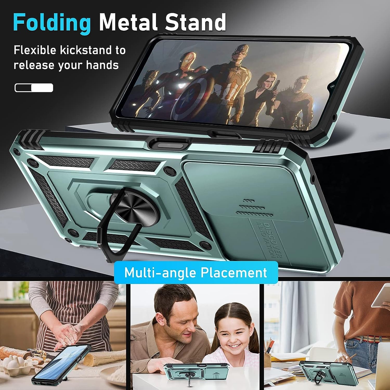 Oneplus Nord N300 5G Case Built in Slide Camera Lens Cover and Screen Protector,Heavy Duty Shockproof Full Body Protective Phone Cover,Built in Finger Ring Stable Holder Kickstand,2022 Dark Green  Janmitta   