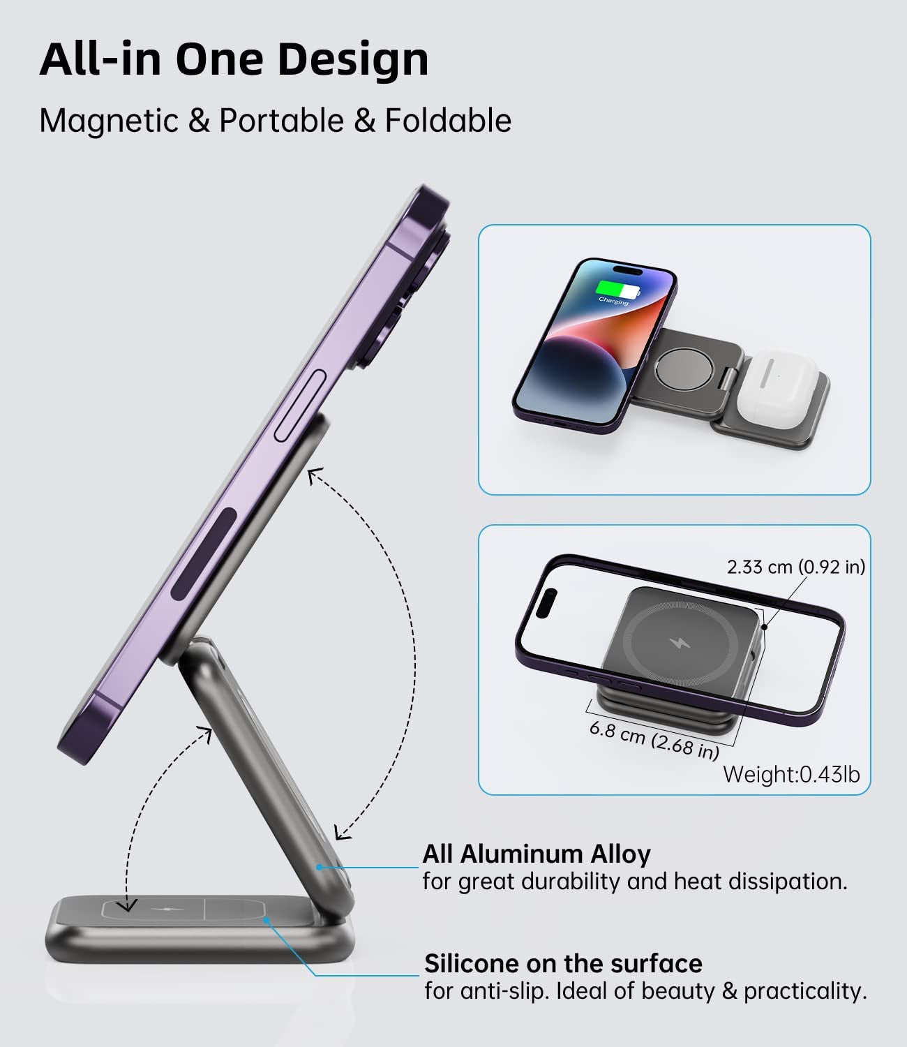 Foldable Magnetic Wireless Charger, Aluminum Alloy 3 in 1 Charging Station for Apple, KU XIU 15W Fast Mag-Safe Charger Stand for Iphone 14 13 12 Pro/Max/Plus, Airpods 3/2/Pro, Iwatch(Adapter Included)  Shenzhen Dipinle Technology Co., Ltd   