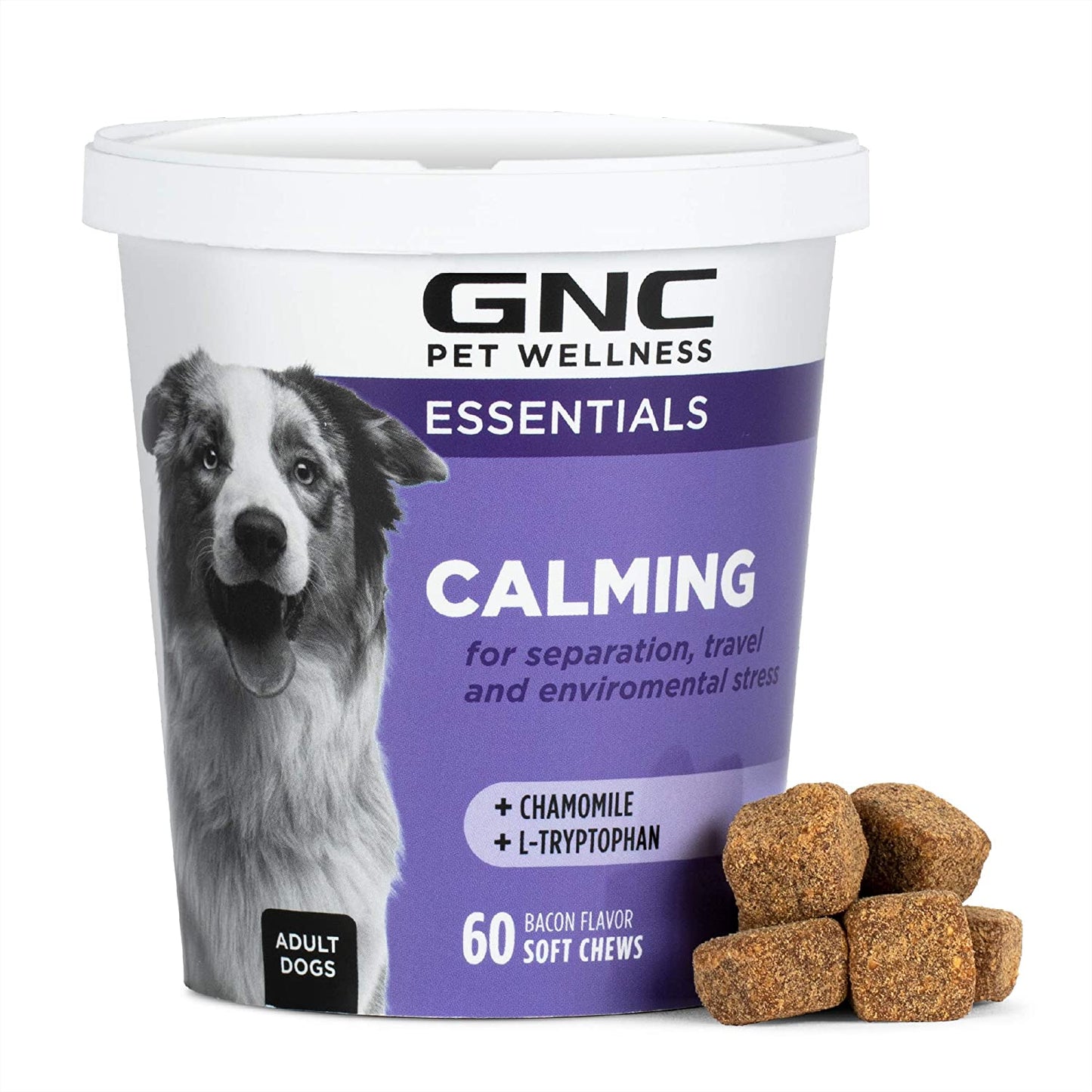 GNC for Pets Essentials Calming Soft Chew Dog Supplements | 60 Ct Chicken Flavor Dog Soft Chew Supplements for Calming and Relaxation | Adult Dog Calming Chews for Anxiety, White  Fetch for Pets   