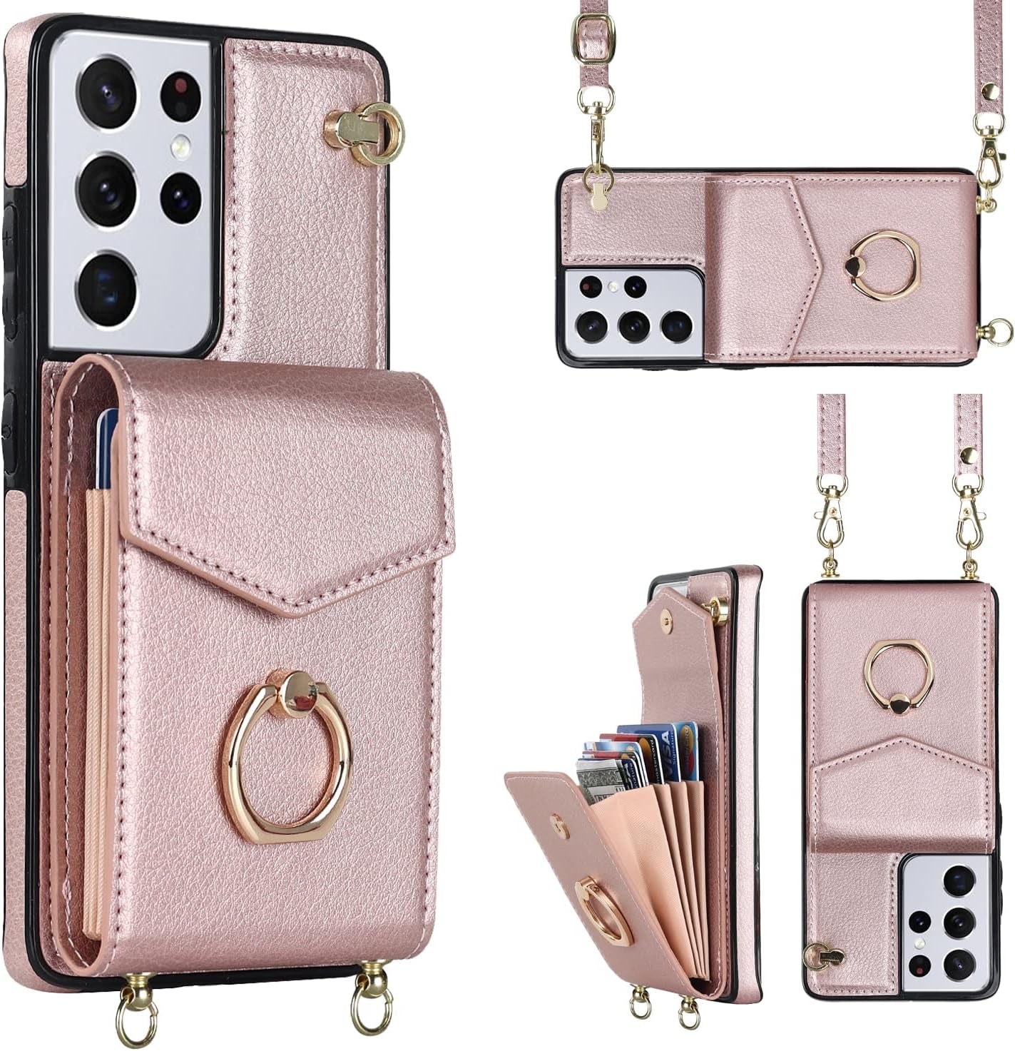 YYTVN for Samsung Galaxy S21 plus Case 5G 6.7 Inch, Minimalist Wallet Case with Ring Kickstand and Shoulder Strap, Shockproof Stylish Protective Cover for Galaxy S21 plus -Red  YYKeji Rose Gold Galaxy S21 Ultra 