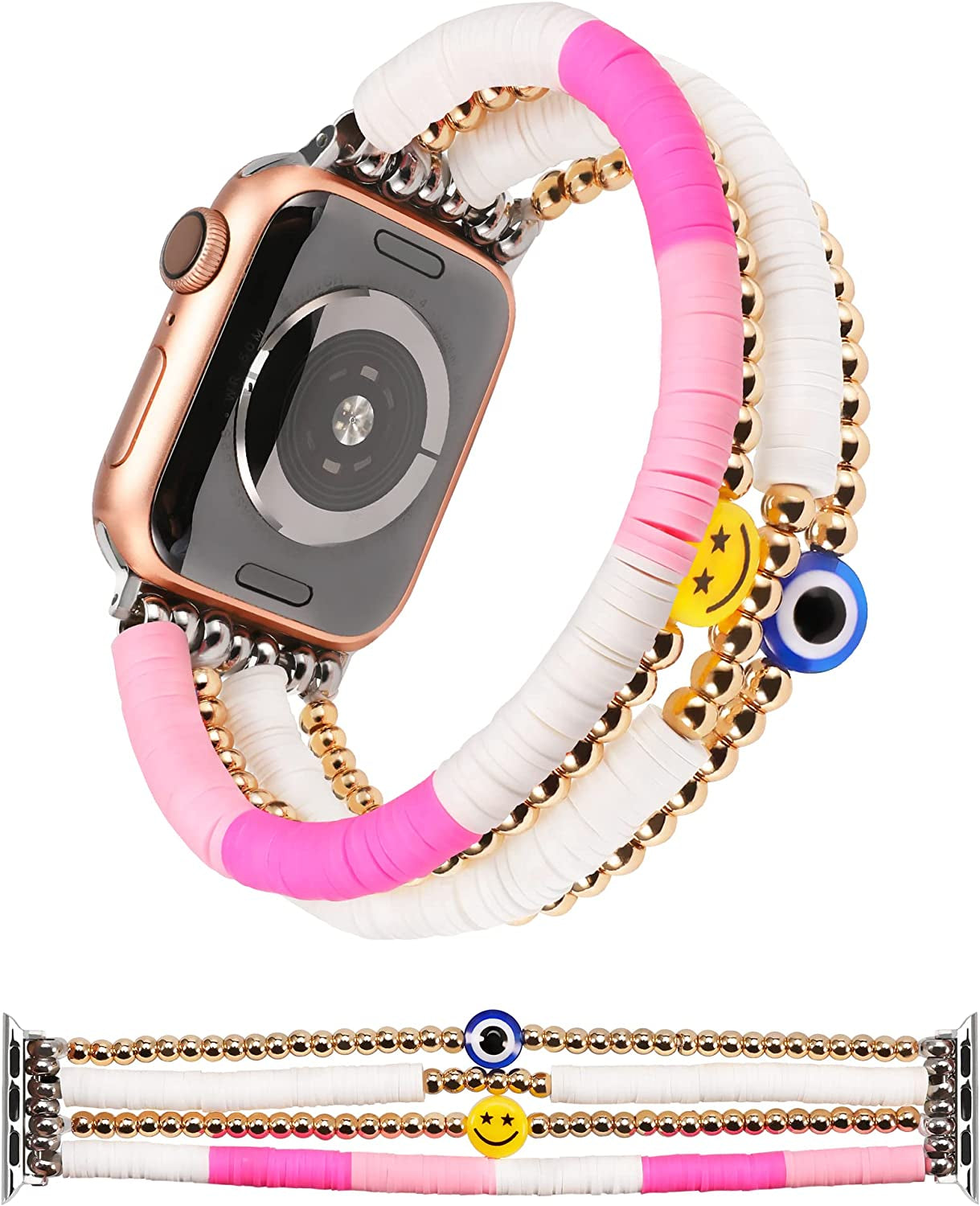 TOYOUTHS Heishi Beads Bracelet Compatible with Apple Watch Band Cute Stretch Girl Women Summer Beach Surfer Stackable Clay Preppy Jewelry Band for Iwatch 42/44/45Mm Series SE 7 6 5 4 3 2 1  TOYOUTHS Pink 41/40/38mm M (6.2" - 6.5" Wrist) 