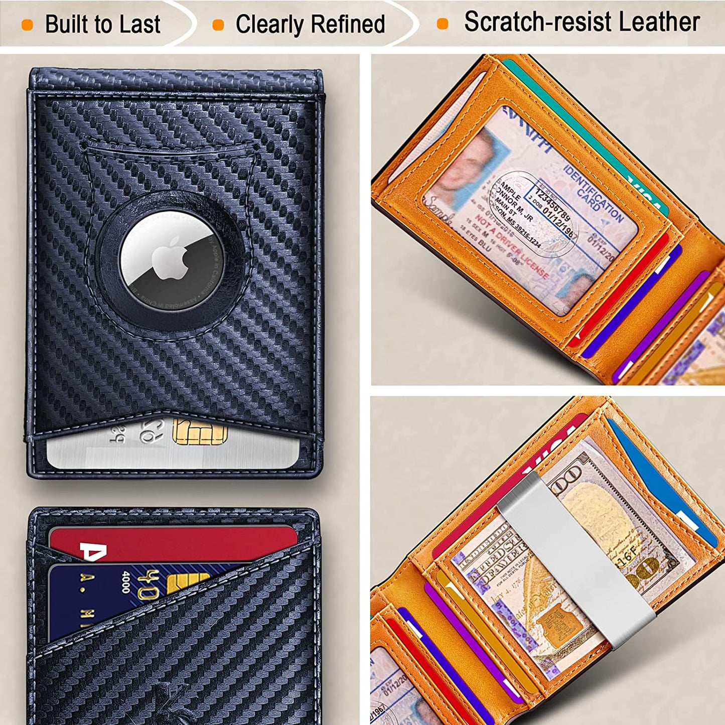 KS Mens Wallet for Airtag or Standard Use, Slim Front Pocket Wallet Money Clip 11 Cards RFID Blocking,No Hole  KS   