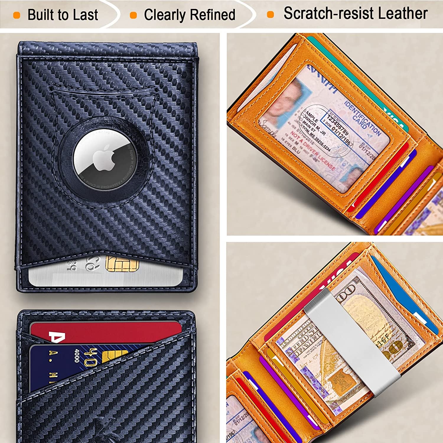 KS Mens Wallet for Airtag or Standard Use, Slim Front Pocket Wallet Money Clip 11 Cards RFID Blocking,No Hole  KS   