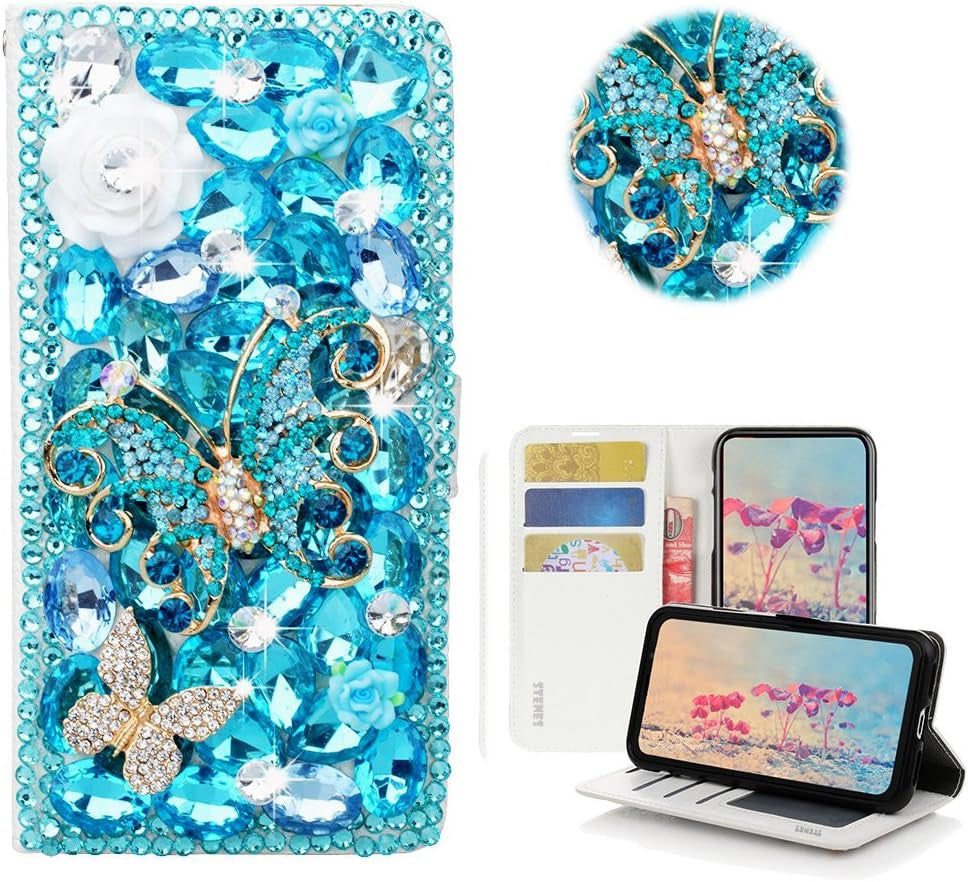 STENES LG G6 Case, LG G6 plus Case - STYLISH - 3D Handmade Bling Crystal Pretty Butterfly Flowers Wallet Credit Card Slots Fold Stand Leather Cover Case for LG G6/LG G6 plus - Blue  STENES Rose Flowers Butterfly / Light Blue  