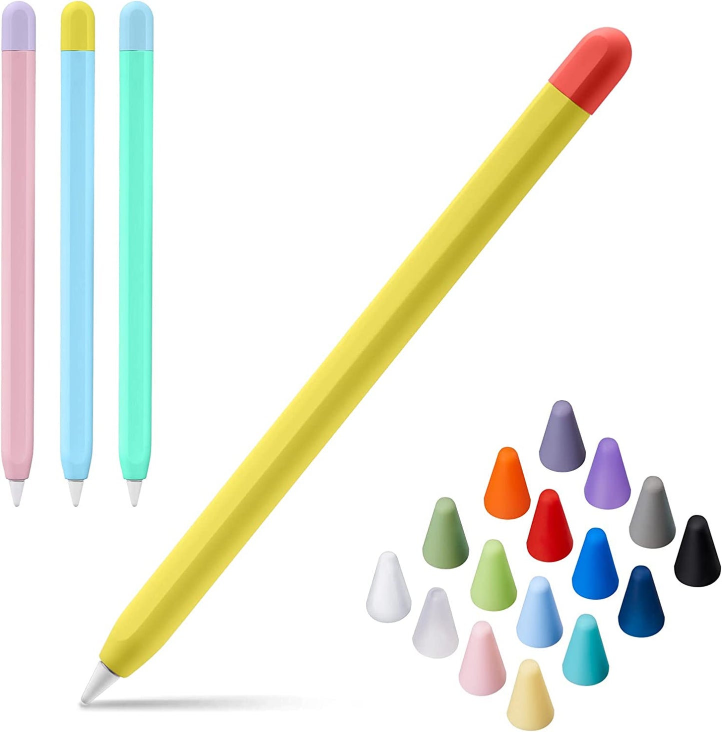 LINGXIU 2 Pack Silicone Case Cover Compatible with Apple Pencil 2Nd Generation, Slim Lightweight Pencil Case Skin Sleeve Accessories and 16 Pcs Nib Covers,16 Colors  LINGXIU Pink + light yellow + sky blue + mint green  