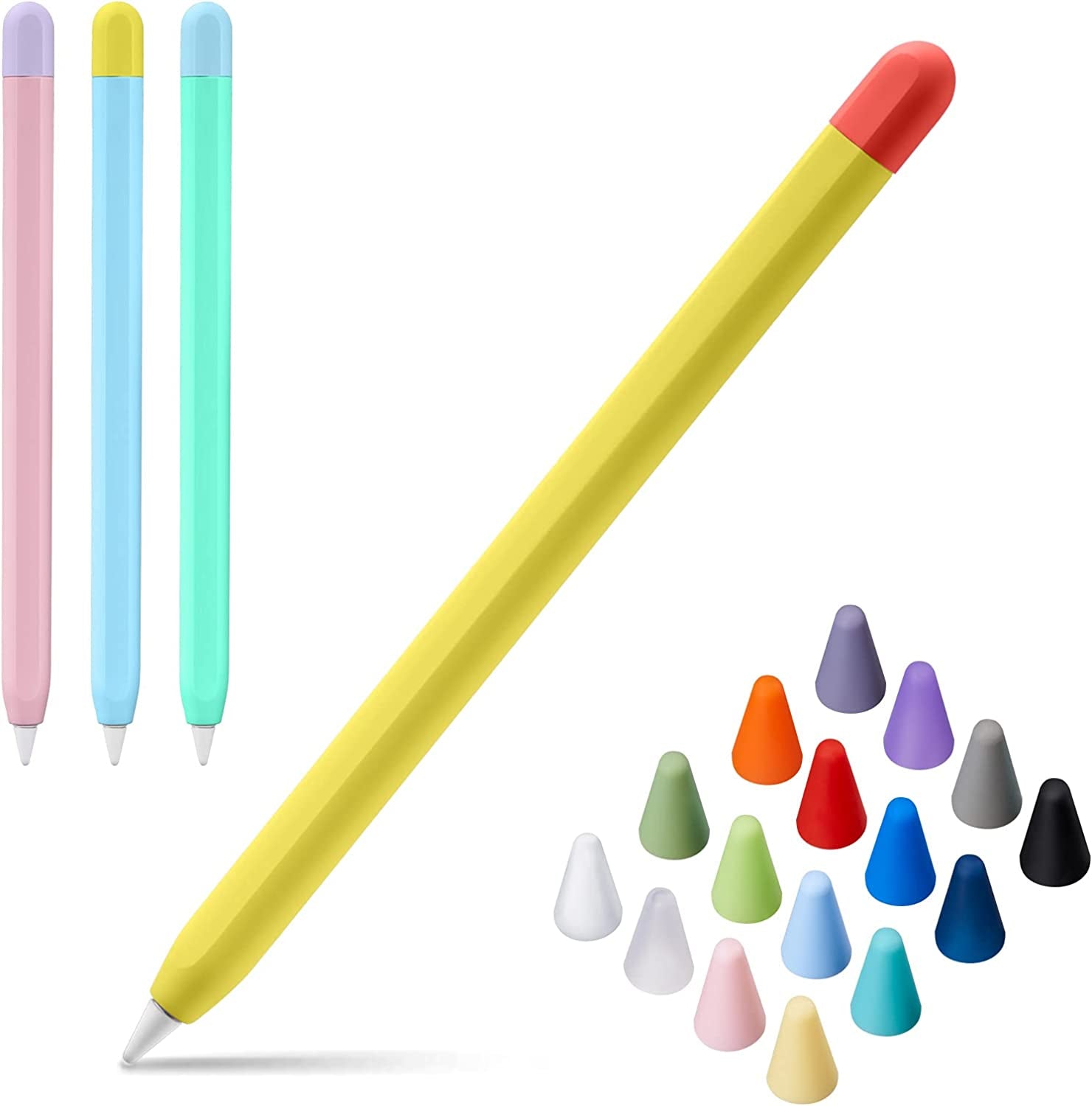 LINGXIU 2 Pack Silicone Case Cover Compatible with Apple Pencil 2Nd Generation, Slim Lightweight Pencil Case Skin Sleeve Accessories and 16 Pcs Nib Covers,16 Colors  LINGXIU Pink + light yellow + sky blue + mint green  