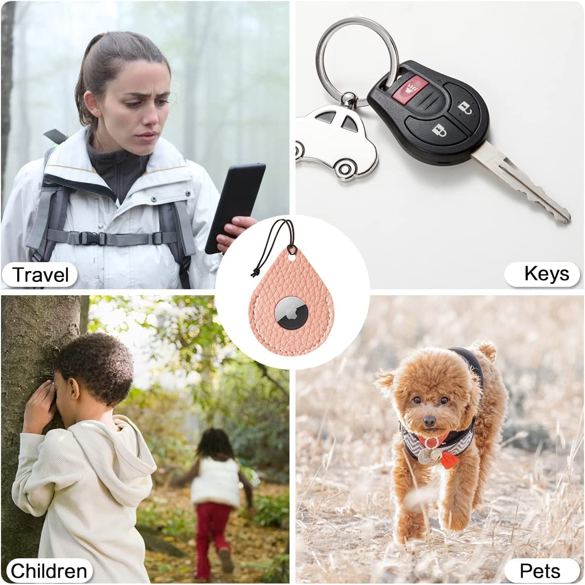 FOREVERFLYBIRD 4 Pack Airtag Holder Leather Case Air Tag Cover Keychain GPS Tracker Remote Finder Key Travel Backpack Pet Locator,Grey,White,Pink,Red  FOREVERFLYBIRD   