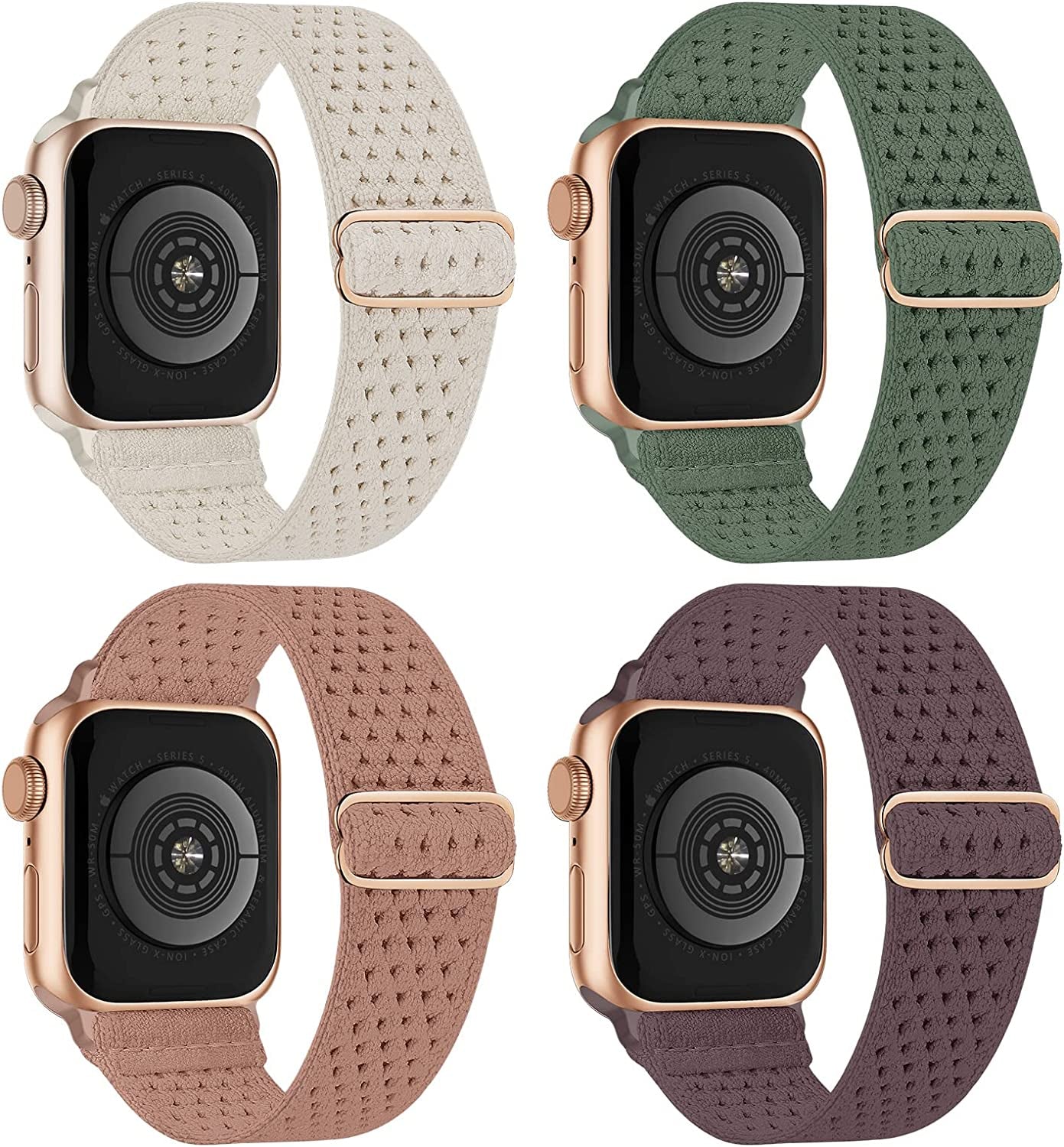 Stretchy Nylon Solo Loop Compatible with Apple Watch Band 38Mm 40Mm 41Mm 42Mm 44Mm 45Mm 49Mm Series 8/7/6/5/4/3/2/1/Se/Ultra  CCnutri Dark Pink/Cactus/Smole-Violet/Starlight with Air holes 42mm/44mm/45mm/49mm 