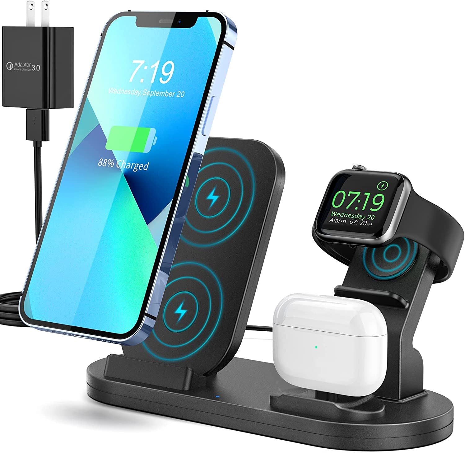 Wireless Charging Station for Apple Products, 3 in 1 Wireless Charger Stand for Iphone 8 above Series, Iwatch 8/Ultra/7/6/Se/5/4/3/2/1, Airpods Pro/3/2/1(With 18W Adapter)(Black)  Shenzhen Shi ChangfengXinwei Keji Youxian Gongsi   