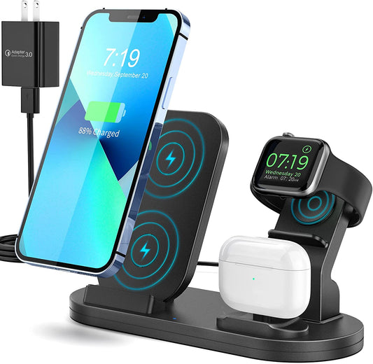 Wireless Charging Station for Apple Products, 3 in 1 Wireless Charger Stand for Iphone 8 above Series, Iwatch 8/Ultra/7/6/Se/5/4/3/2/1, Airpods Pro/3/2/1(With 18W Adapter)(Black)  Shenzhen Shi ChangfengXinwei Keji Youxian Gongsi   