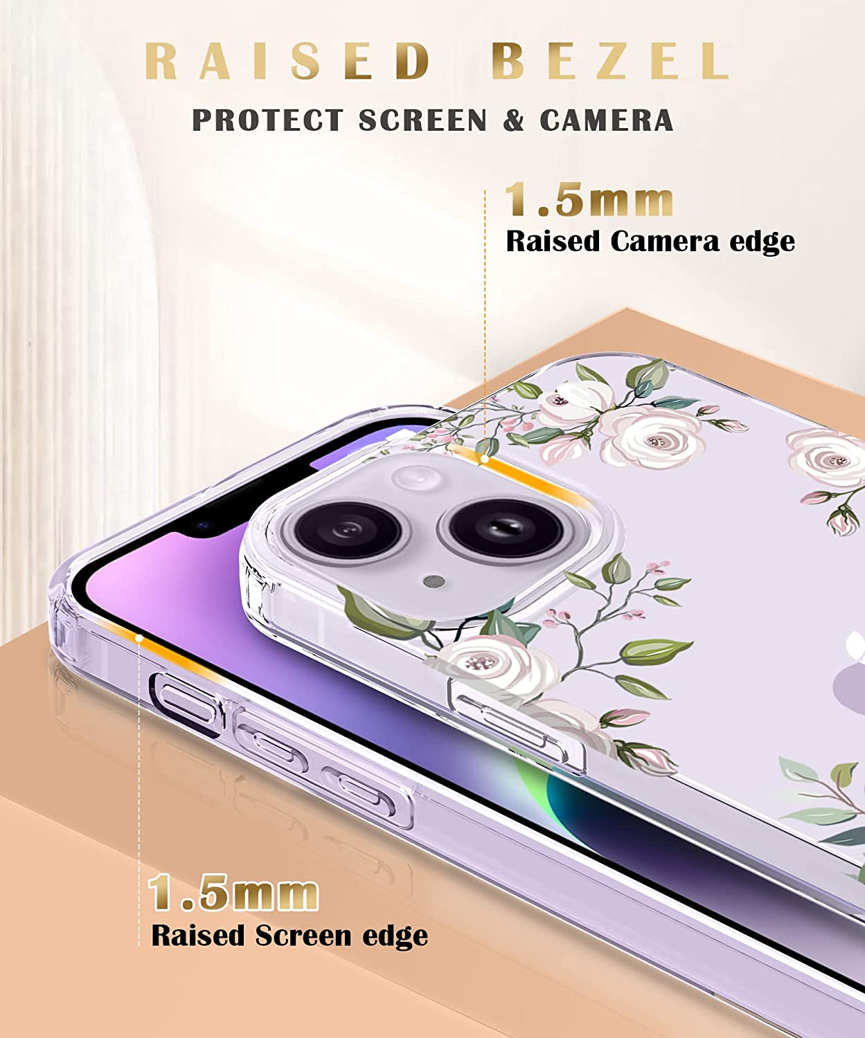 MIODIK Compatible with Iphone 14 Case with Screen Protector + Camera Lens Protector, [Anti-Yellow] Clear Floral Phone Case, Protective Shockproof Cover for Women Girls 6.1 Inch - Camellia/Ivory  MIODIK   