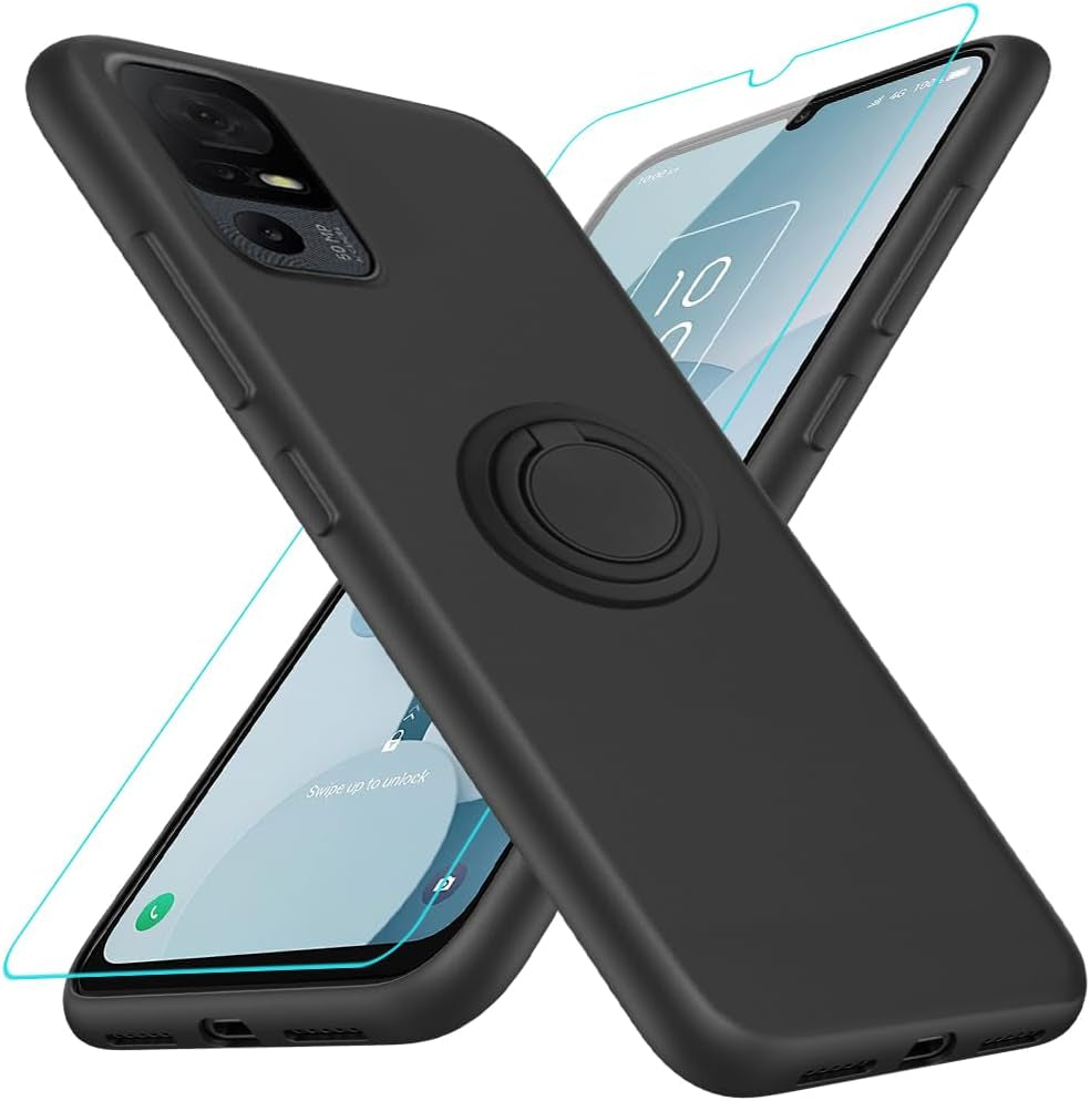 For Motorola Moto G 5G 2023 Phone Case with Glass Screen Protector, 360° Rotatable Ring Holder Magnetic Kickstand/Stand Silicone TPU Shockproof Protective Cover Case for Motorola Moto G 5G - Black  Nijiadi Tcl 40Xl Black  