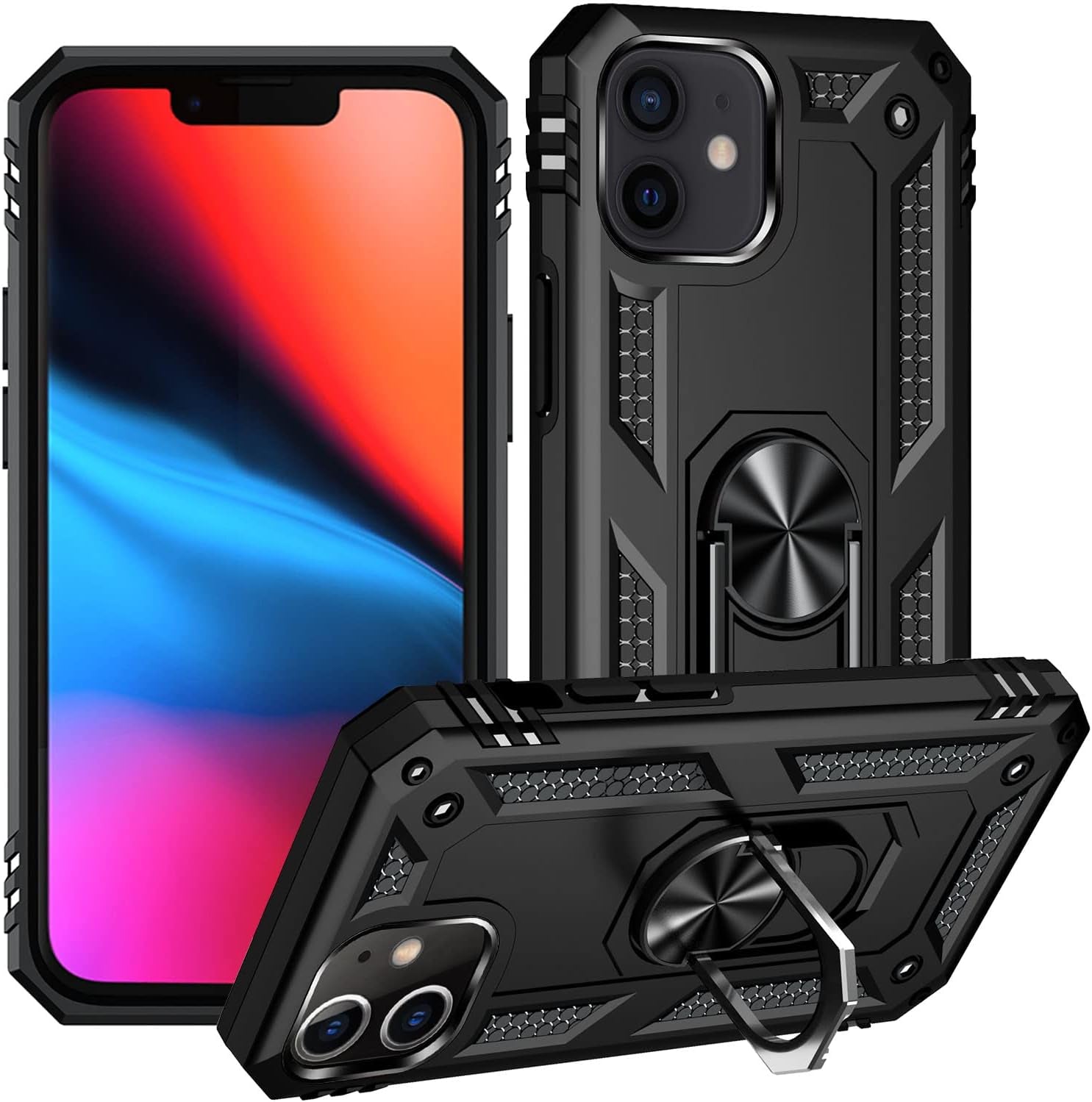 ADDIT Military Grade Iphone 12 Pro Max Case - 6.7" Slim Fit, Heavy Duty Protection, Rotatable Magnetic Kickstand, TPU & Polycarbonate, Black  ADDIT Black Iphone 12 Mini [5.4"] 