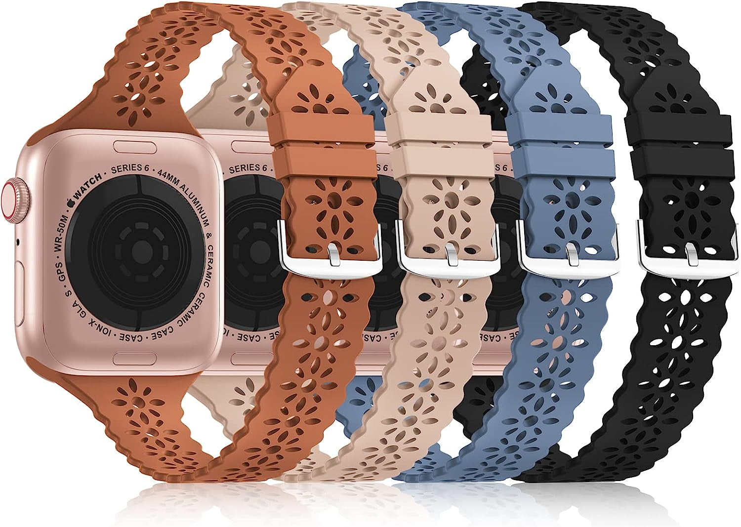 Bandiction 4 Pack Lace Silicone Bands Compatible with Apple Watch Band 38Mm 40Mm 41Mm 42Mm 44Mm 45Mm 49Mm, Women Slim Thin Hollow-Out Sport Wristband for Iwatch Series Ultra 8 SE 7 6 5 4 3 2 1  Bandiction ice blue/walnut/orange/black 38mm/40mm/41mm 