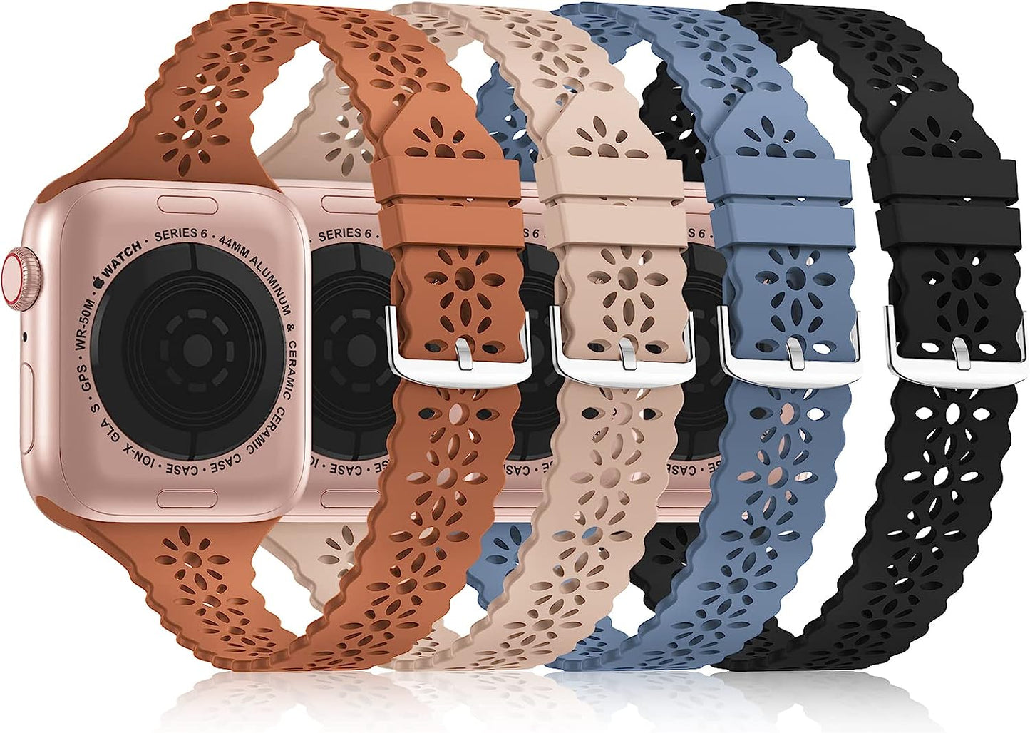 Bandiction 4 Pack Lace Silicone Bands Compatible with Apple Watch Band 38Mm 40Mm 41Mm 42Mm 44Mm 45Mm 49Mm, Women Slim Thin Hollow-Out Sport Wristband for Iwatch Series Ultra 8 SE 7 6 5 4 3 2 1  Bandiction ice blue/walnut/orange/black 42mm/44mm/45mm/49mm 