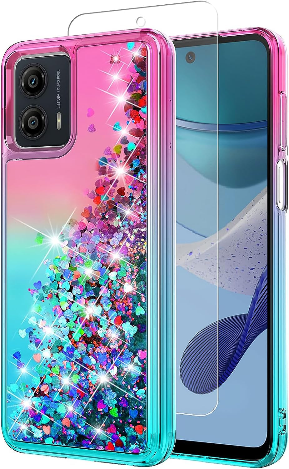YZOK for Moto G 5G 2023 Case,Motorola G 5G 2023 Case,With HD Screen Protector,Gradient Quicksand Glitter Liquid Floating Girls Cute Phone Case for Motorola Moto G 5G 2023 (Teal/Purple)  YZOK Pink/Teal  