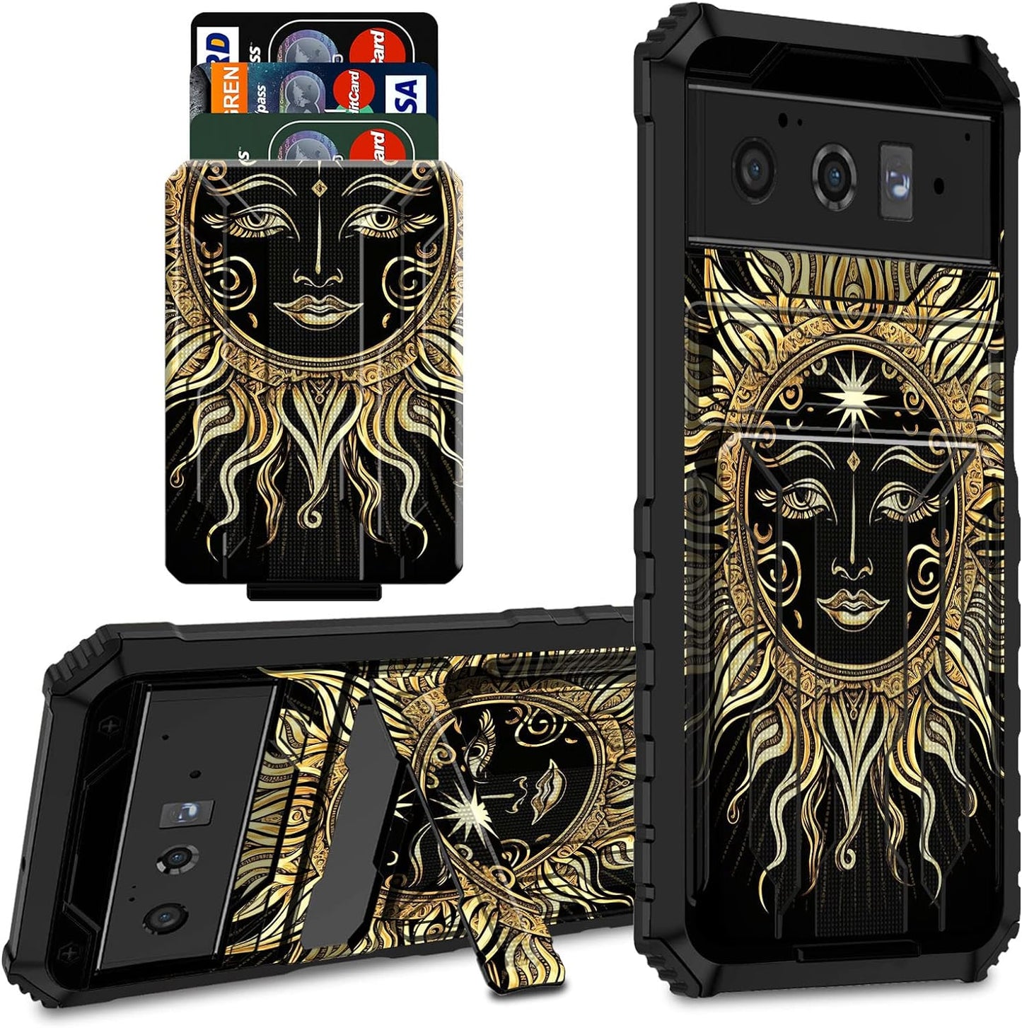 CGFGHHUY for Google Pixel 6 Pro Case for Pixel 6 Pro Wallet Case with Credit Card Holder & Kickstand Dual Layer Hard PC Soft TPU Protective Case for Google Pixel 6 Pro 6.7 Inch 2021 - Moth Moon Sun  CGFGHHUY Sun For Pixel 6 Pro 6.7 Inch 