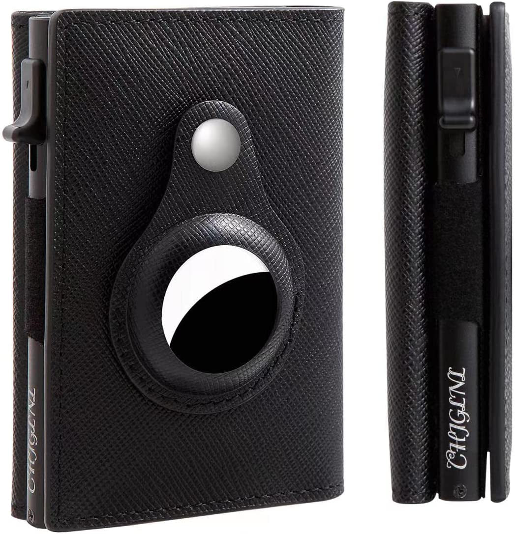 CHJGLNL Genuine Leather Slim Wallet for Men, Pop up Wallet RFID Blocking Money Credit Card Holder Minimalist Smart Wallet Ideal for Men'S Gift  CHJGLNL Airtag-Cross Black  