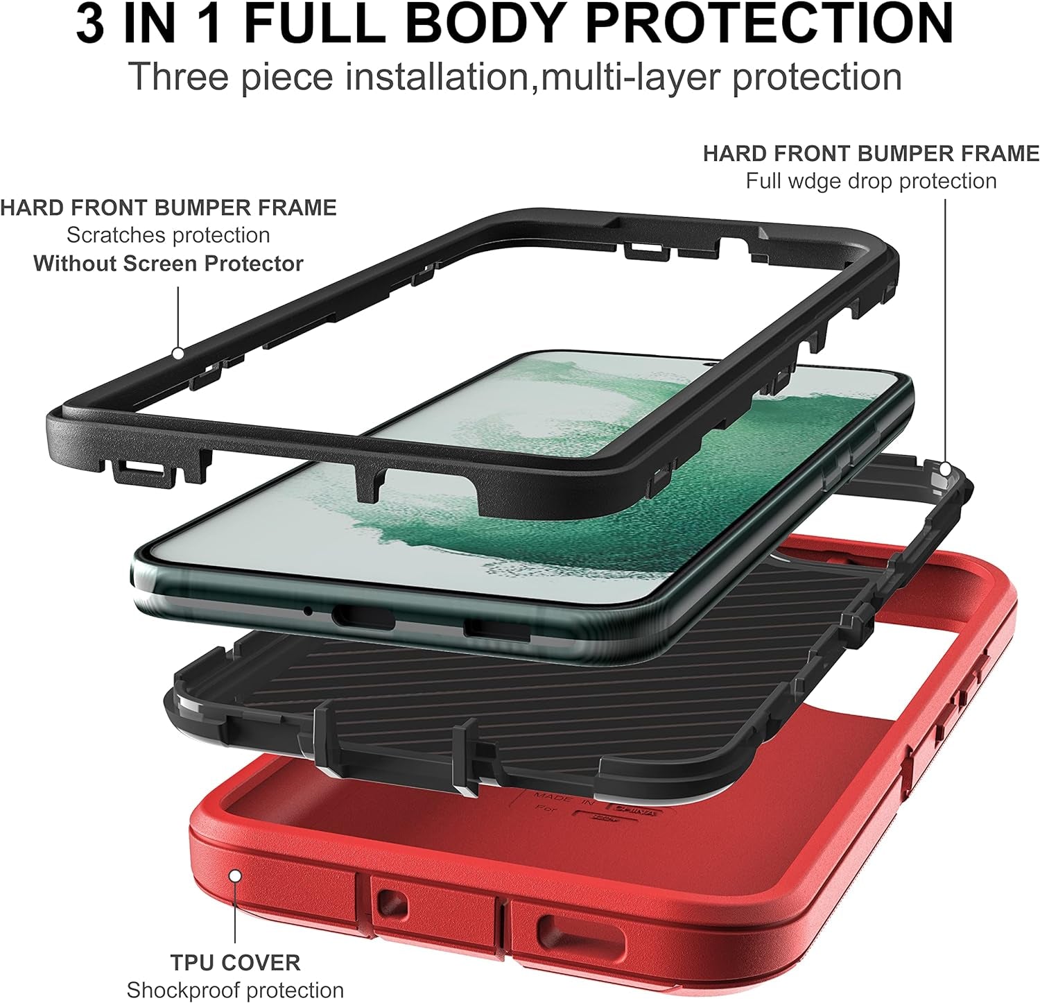 HONG-AMY for S22 plus Case, Samsung Galaxy S22 plus Case with Self Healing Flexible TPU Screen Protector [2 Pack], 3 in 1 Full Body Shockproof Heavy Duty Case for Galaxy S22 plus 5G (Red/Black)  HONG-AMY   