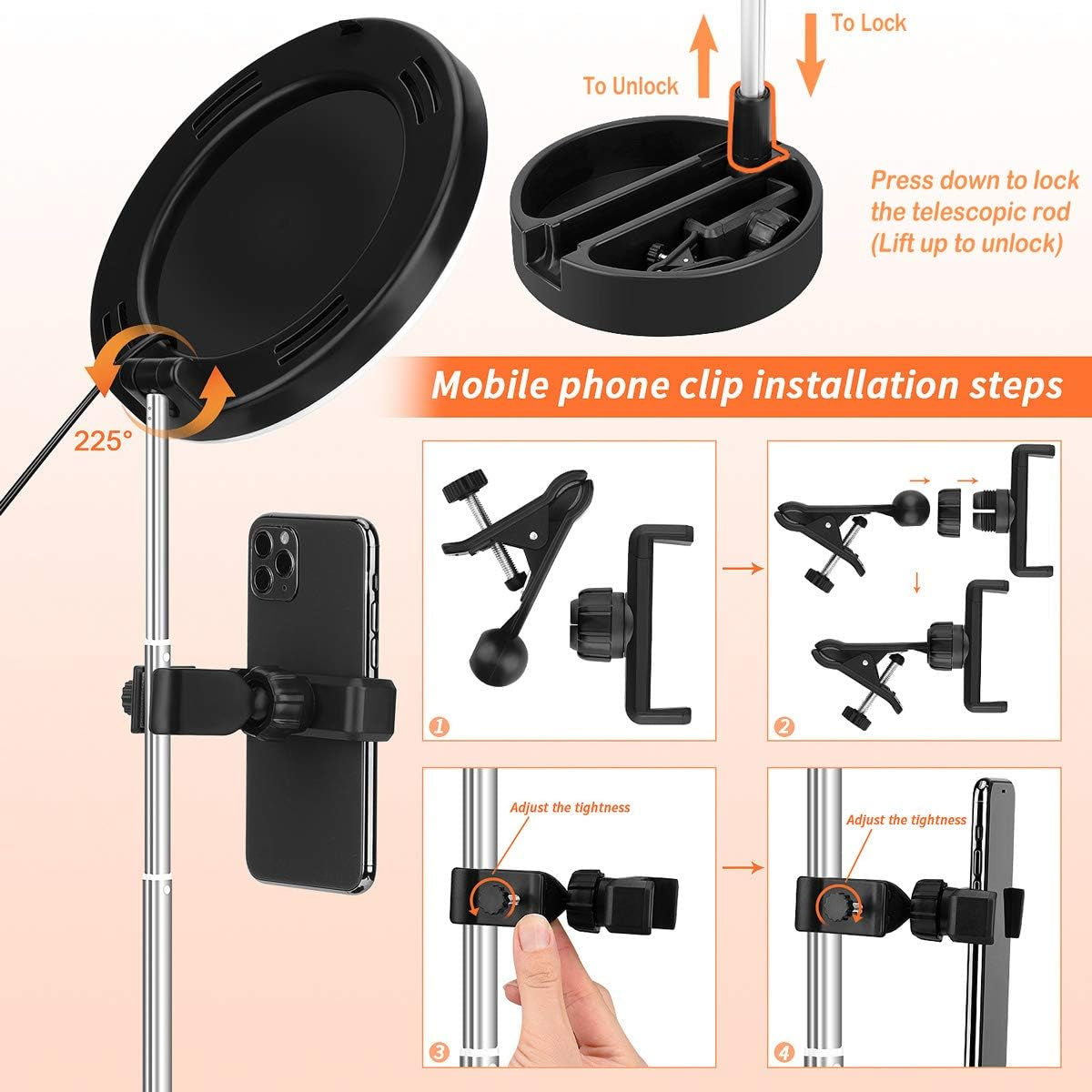 Portable Multi-Functional 6.3" Dimmable LED Selfie Continuous Video Halo Ring Light Zoom Live Stream Phone Holder Stand with Makeup Vanity Mirror Foldable Online Meeting Table Lamp (Pink)  Regal Signature   